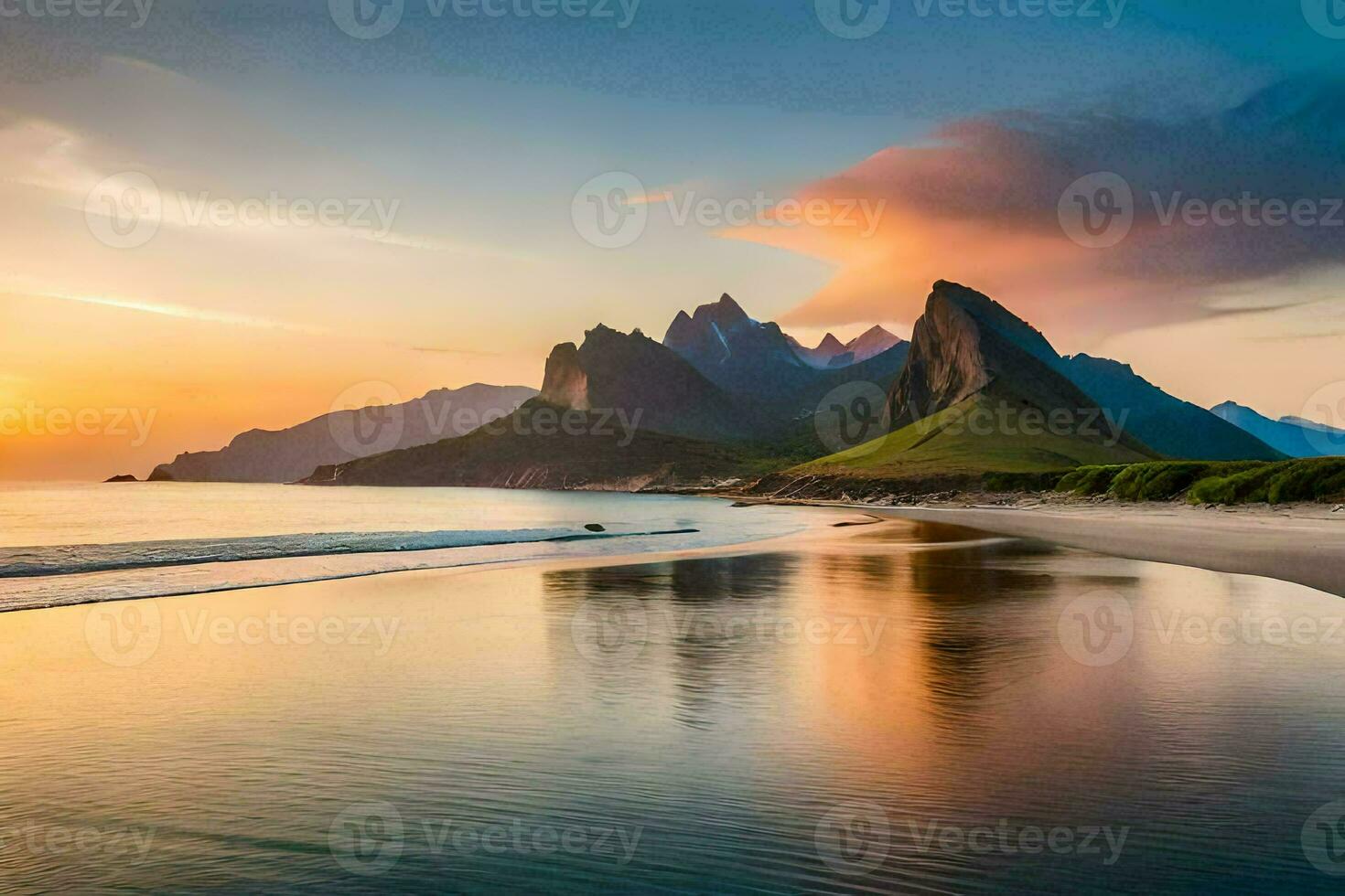 the sun sets over the mountains and beach. AI-Generated photo