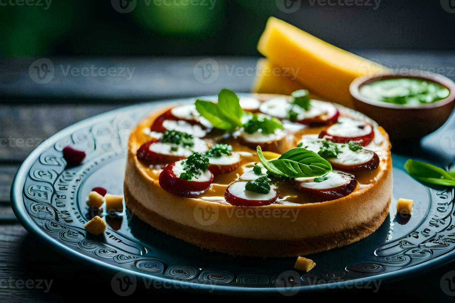 un tarta de queso con Fruta y hierbas en un lámina. generado por ai foto