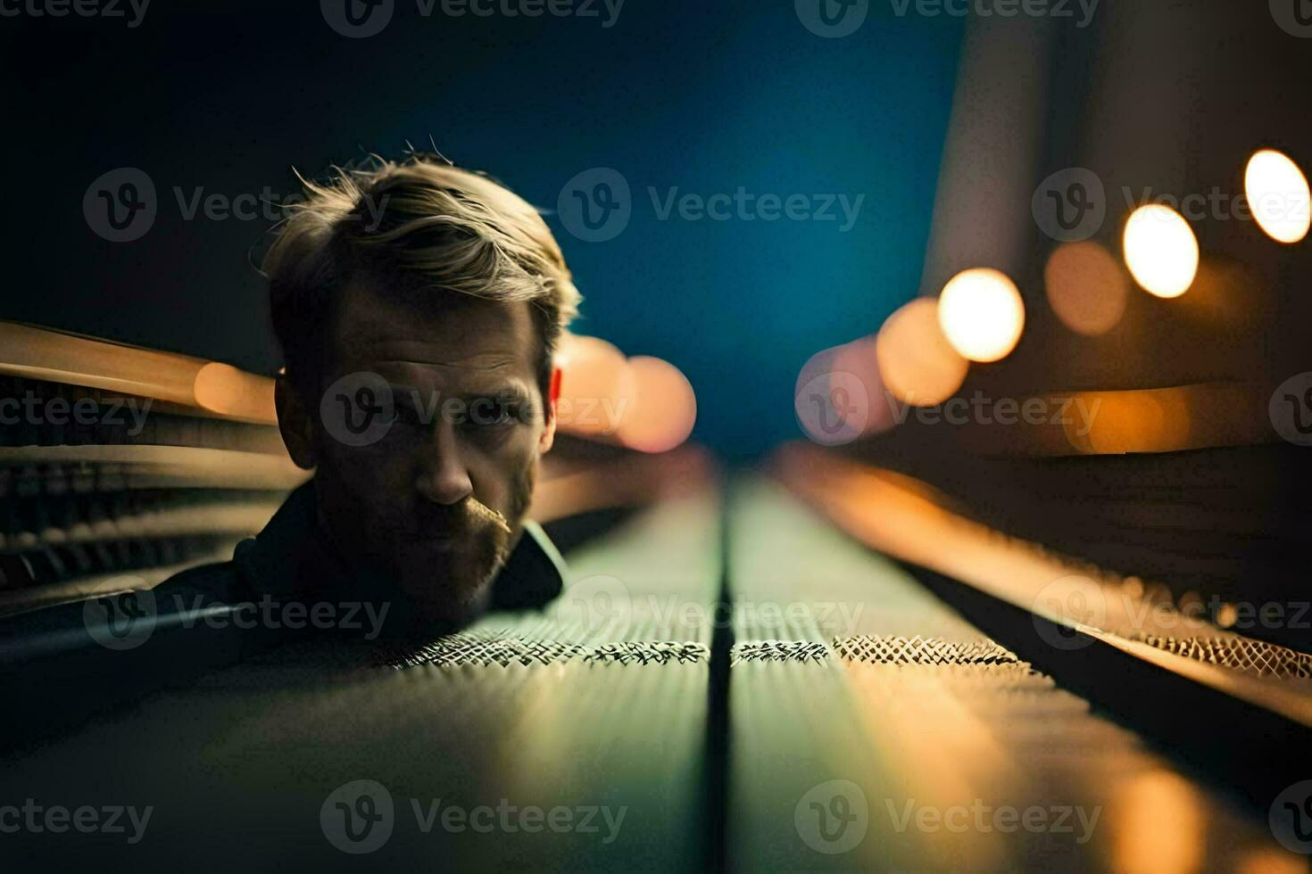 a man is sitting on a train track at night. AI-Generated photo