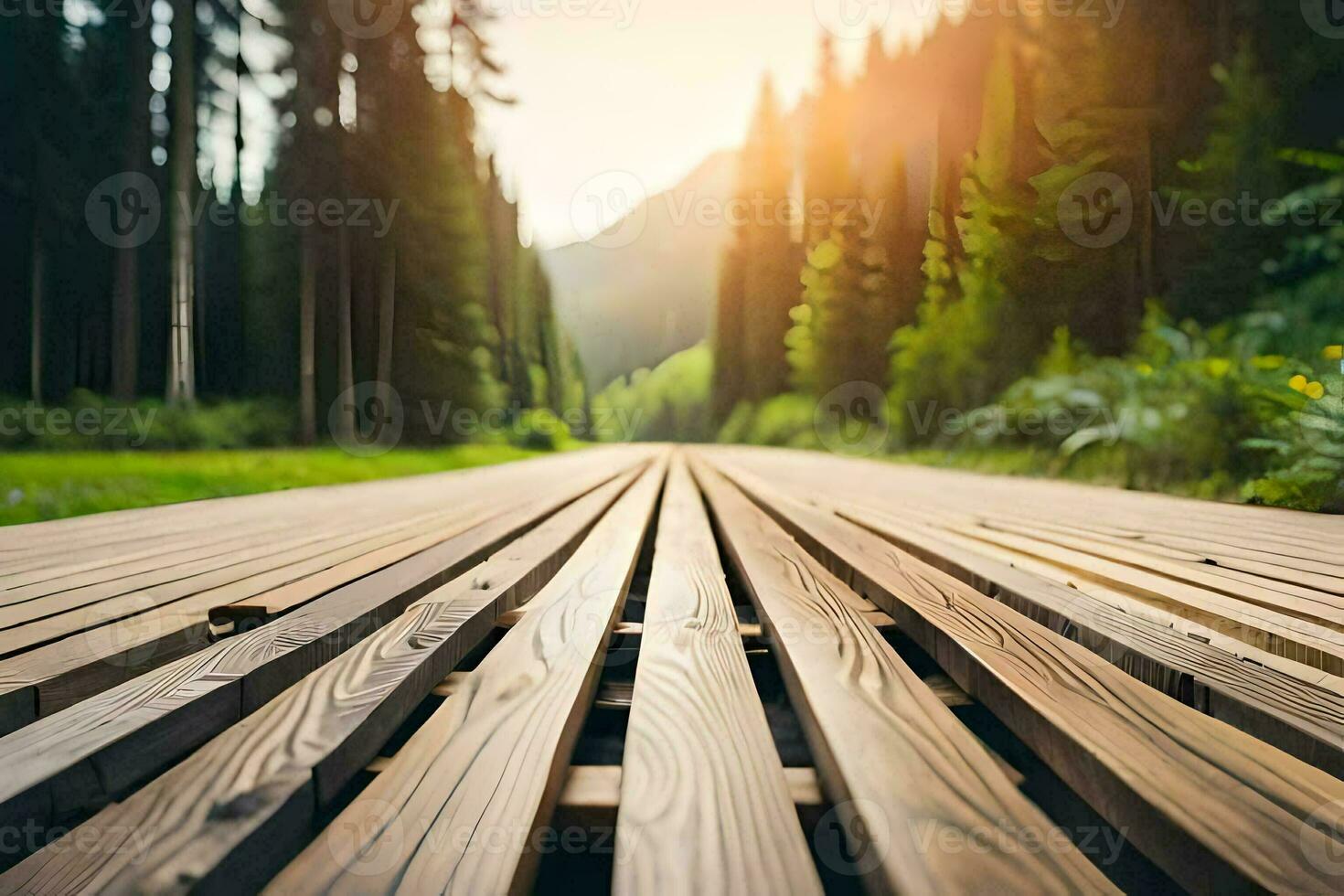 wooden walkway in the forest. AI-Generated photo