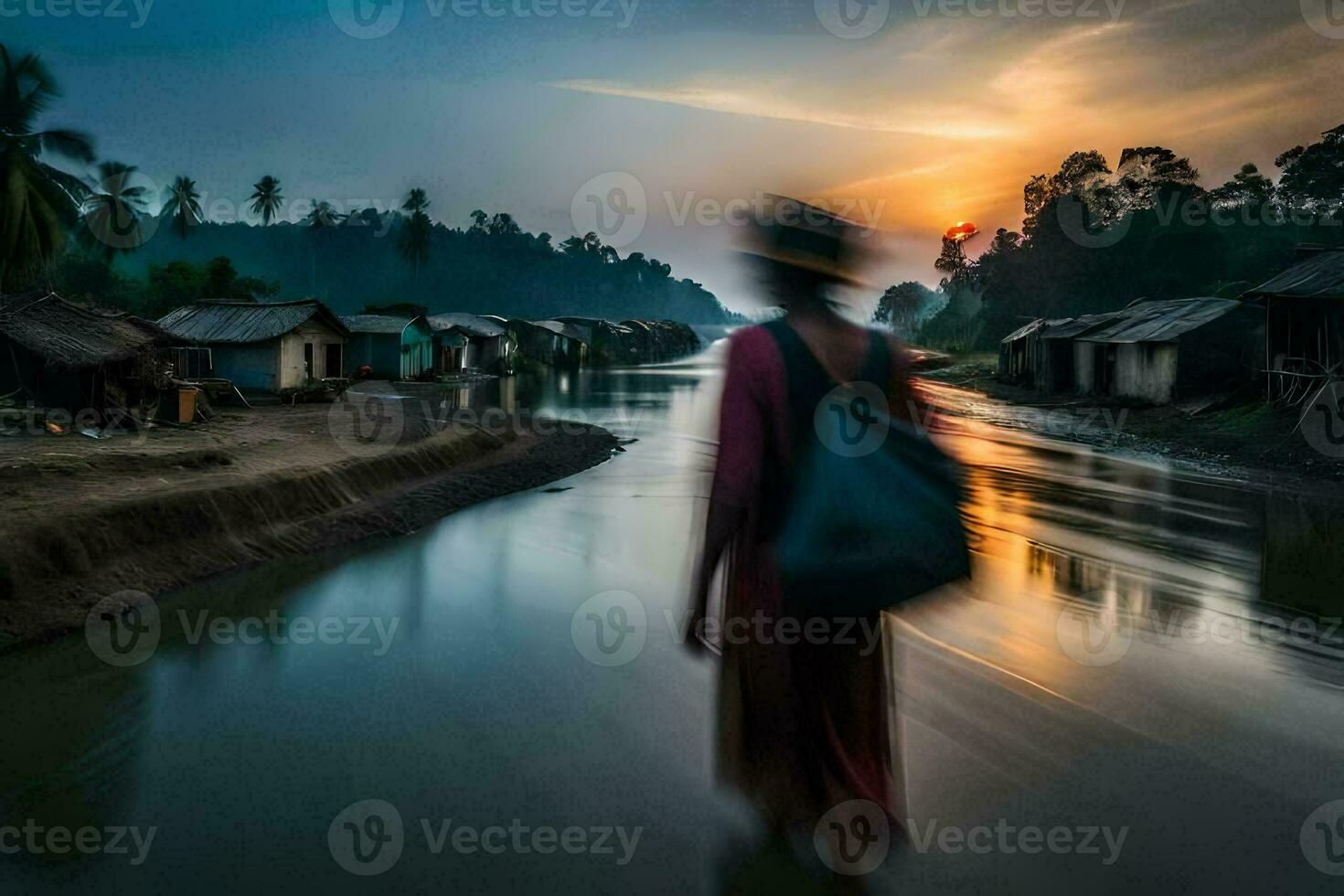 a woman walks along a river in front of a village. AI-Generated photo