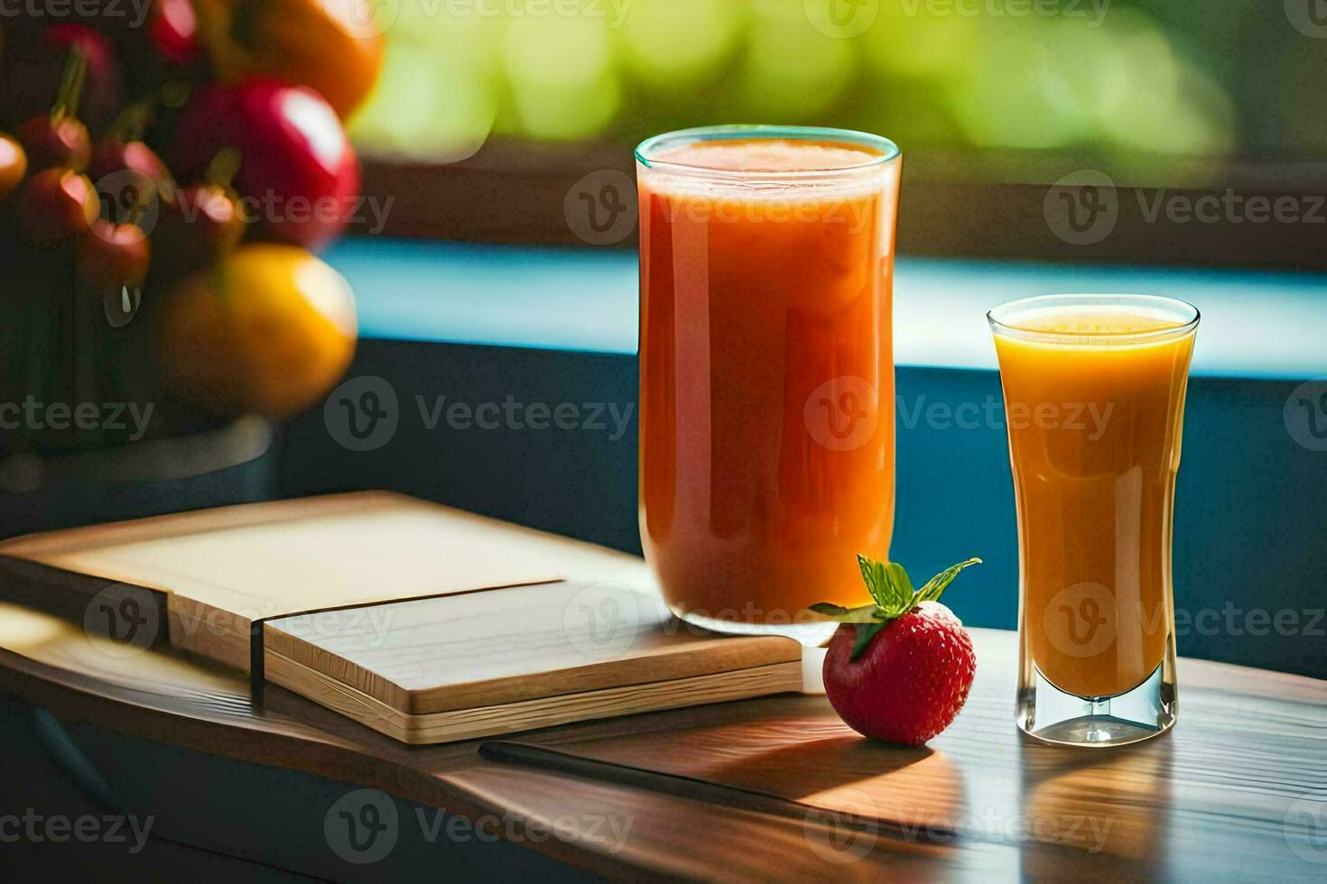 two glasses of juice and a strawberry on a table. AI-Generated photo