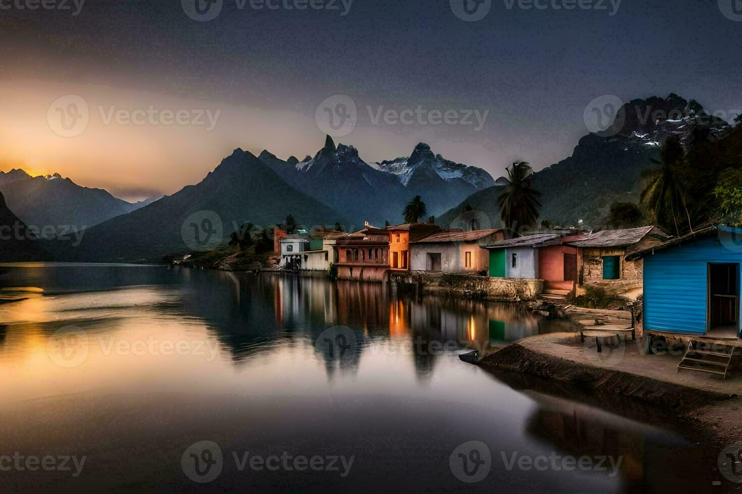 un lago y casas en el montañas a puesta de sol. generado por ai foto