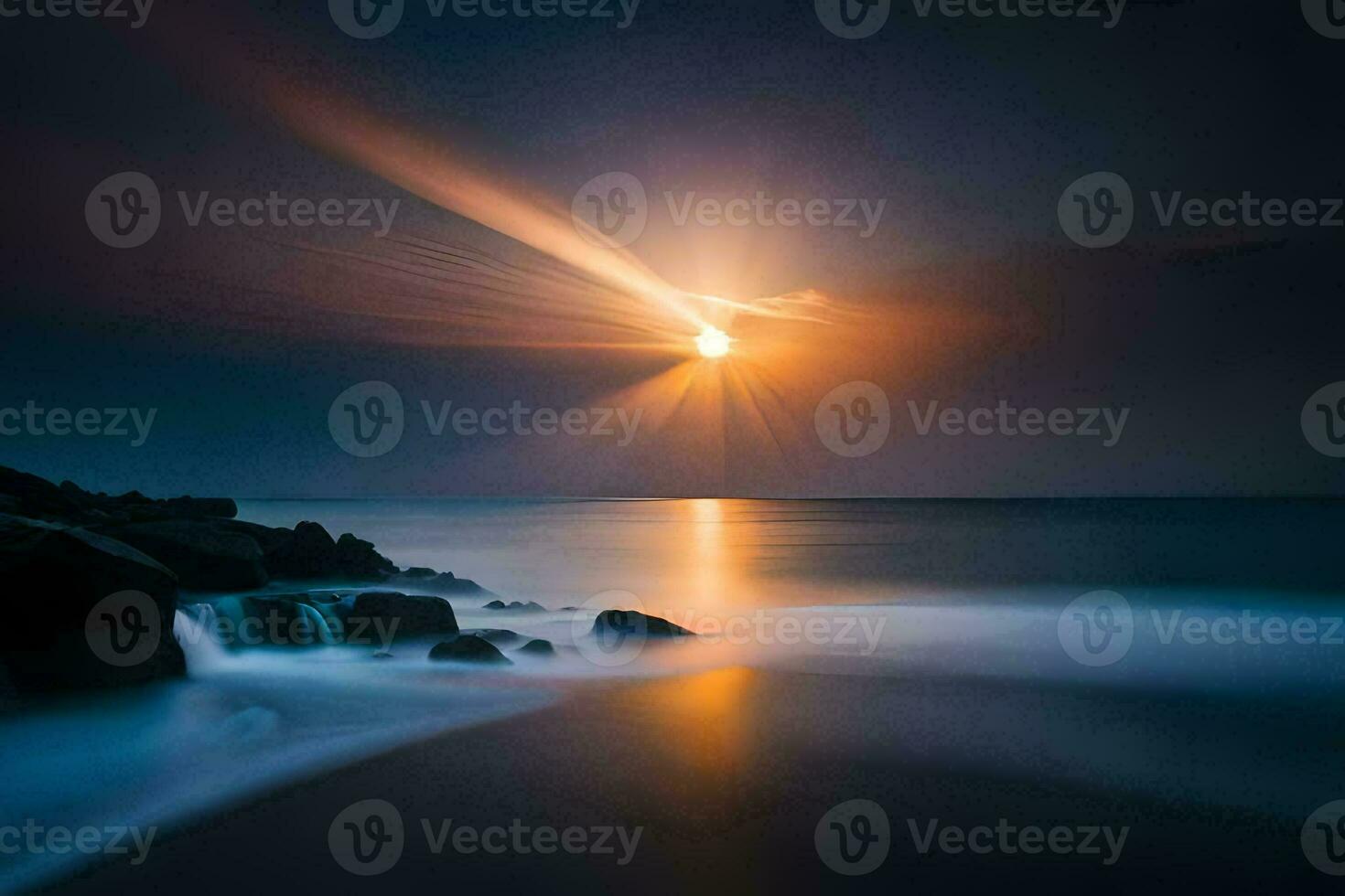 a long exposure photograph of the sun shining over the ocean. AI-Generated photo