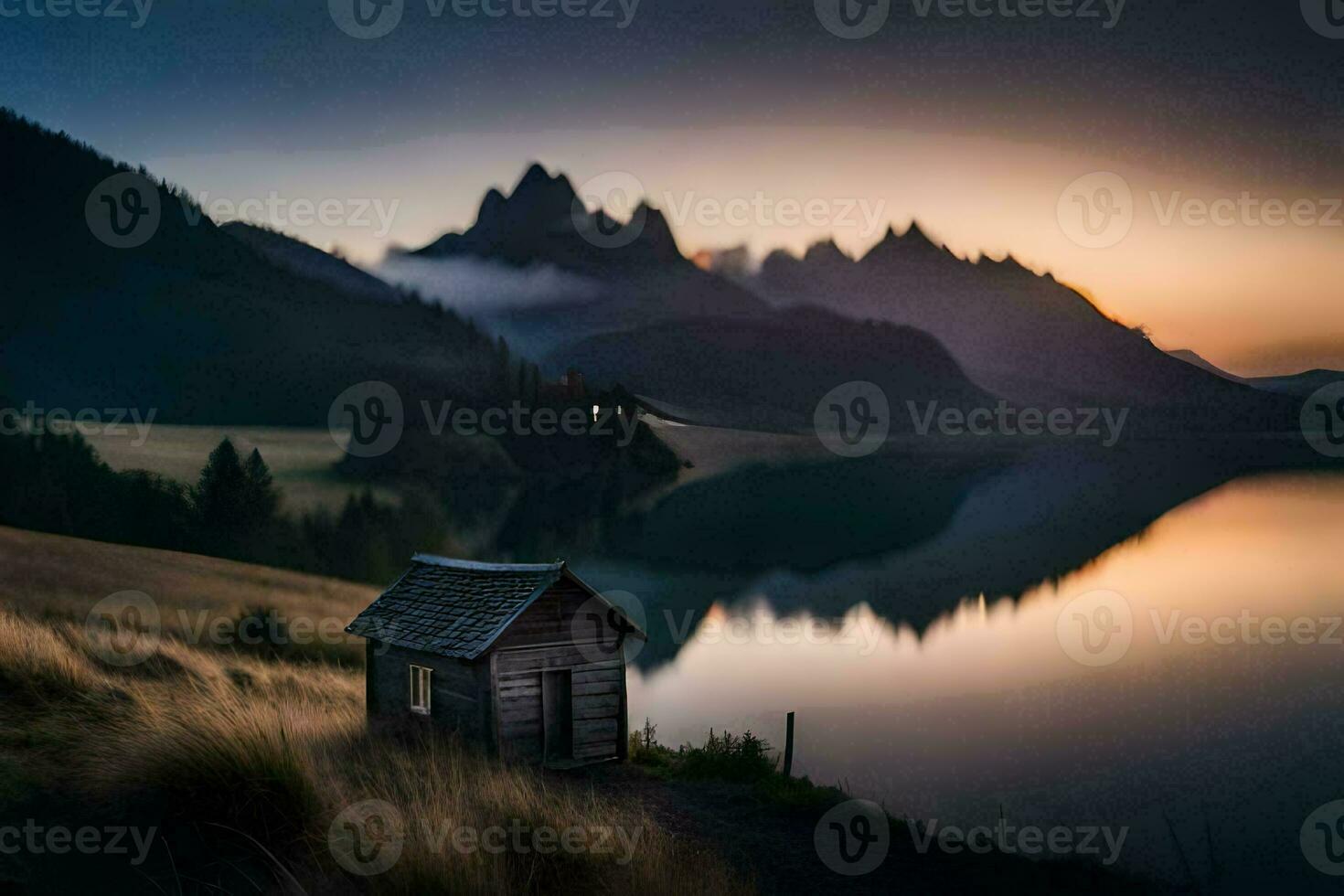 a small cabin sits on the shore of a lake at sunset. AI-Generated photo