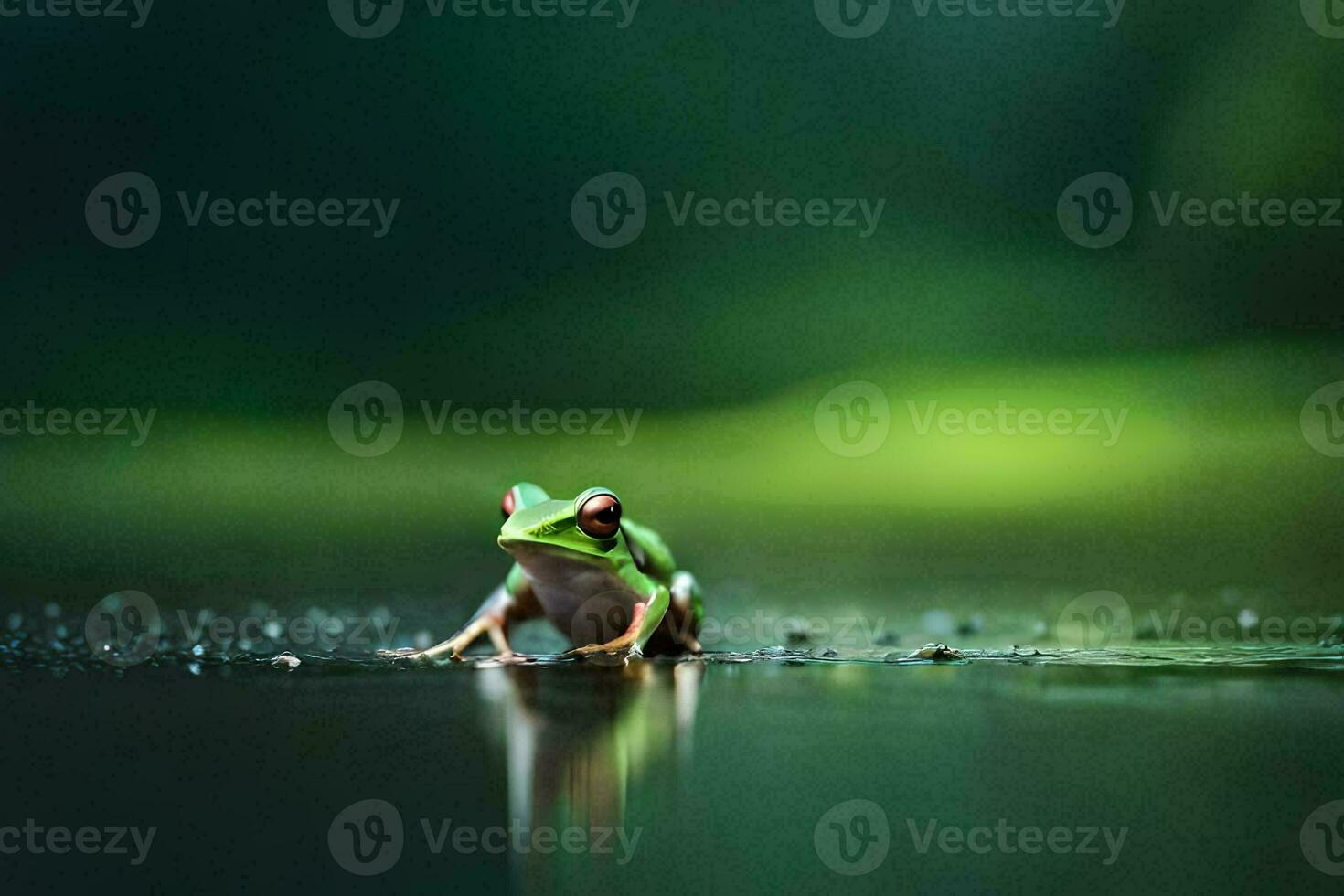 a frog sitting on the ground in the water. AI-Generated photo