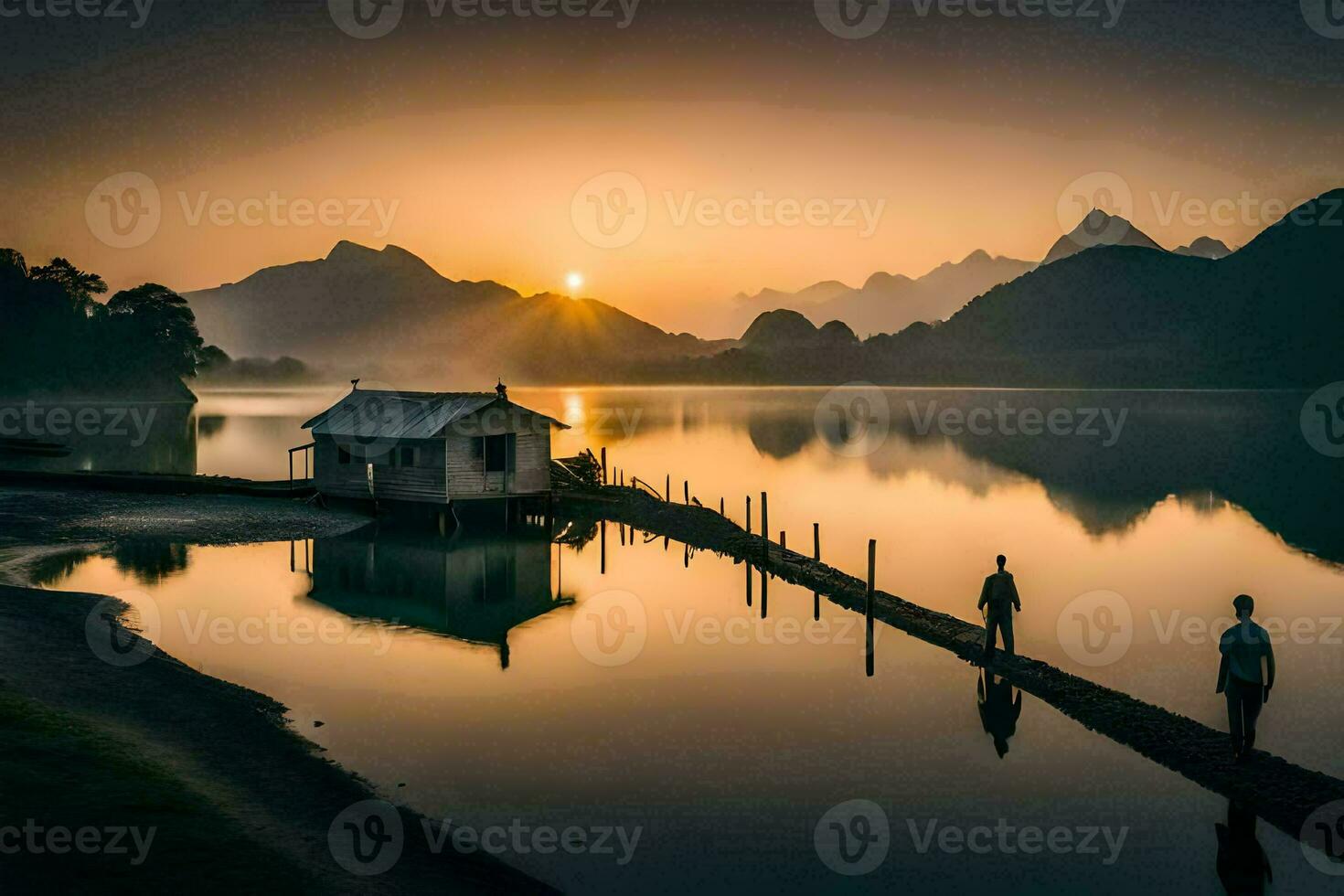 the sun rises over the lake in vietnam. AI-Generated photo