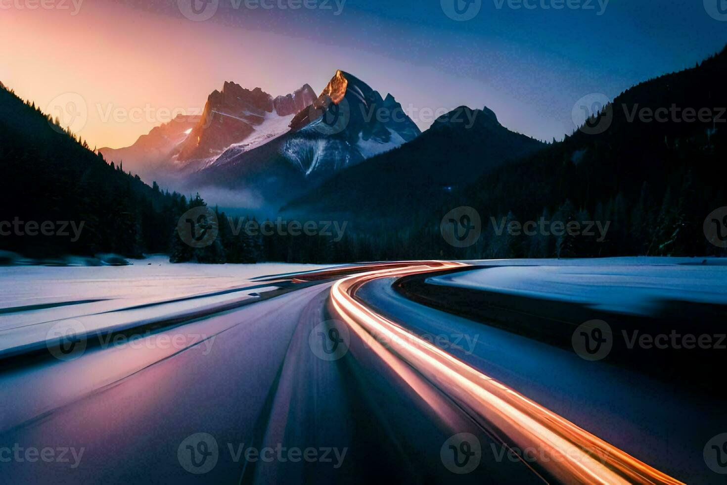 a car driving down a road in the mountains. AI-Generated photo