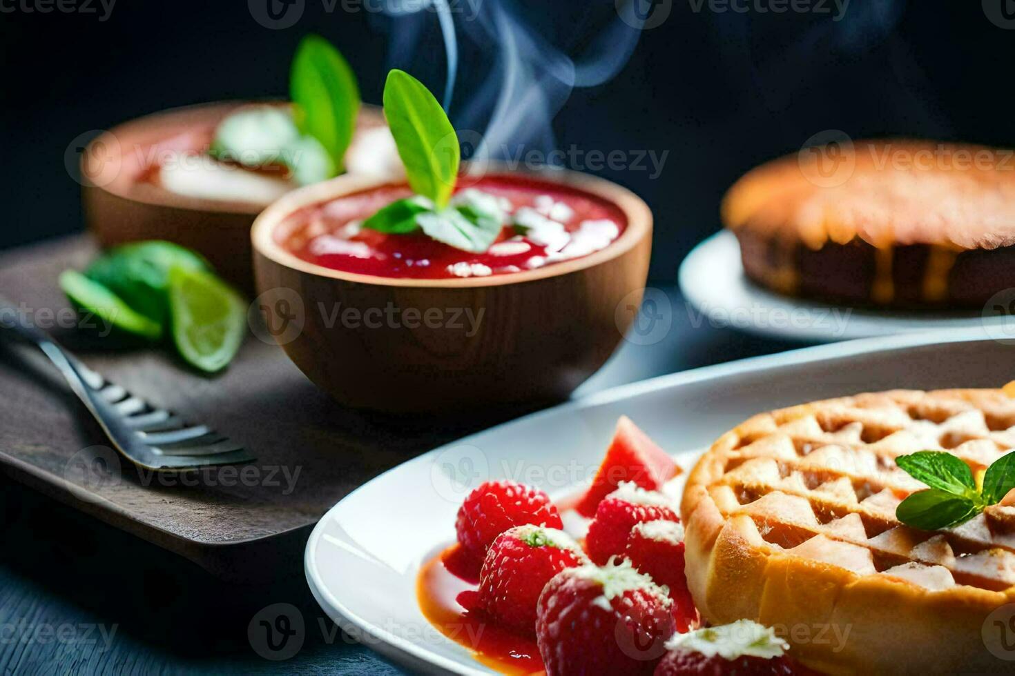 a plate with waffles, strawberries and a cup of coffee. AI-Generated photo