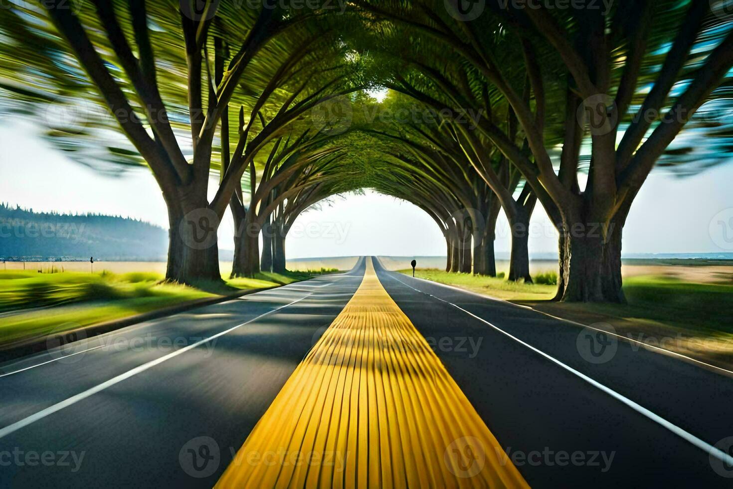 un largo la carretera con arboles y un amarillo línea. generado por ai foto