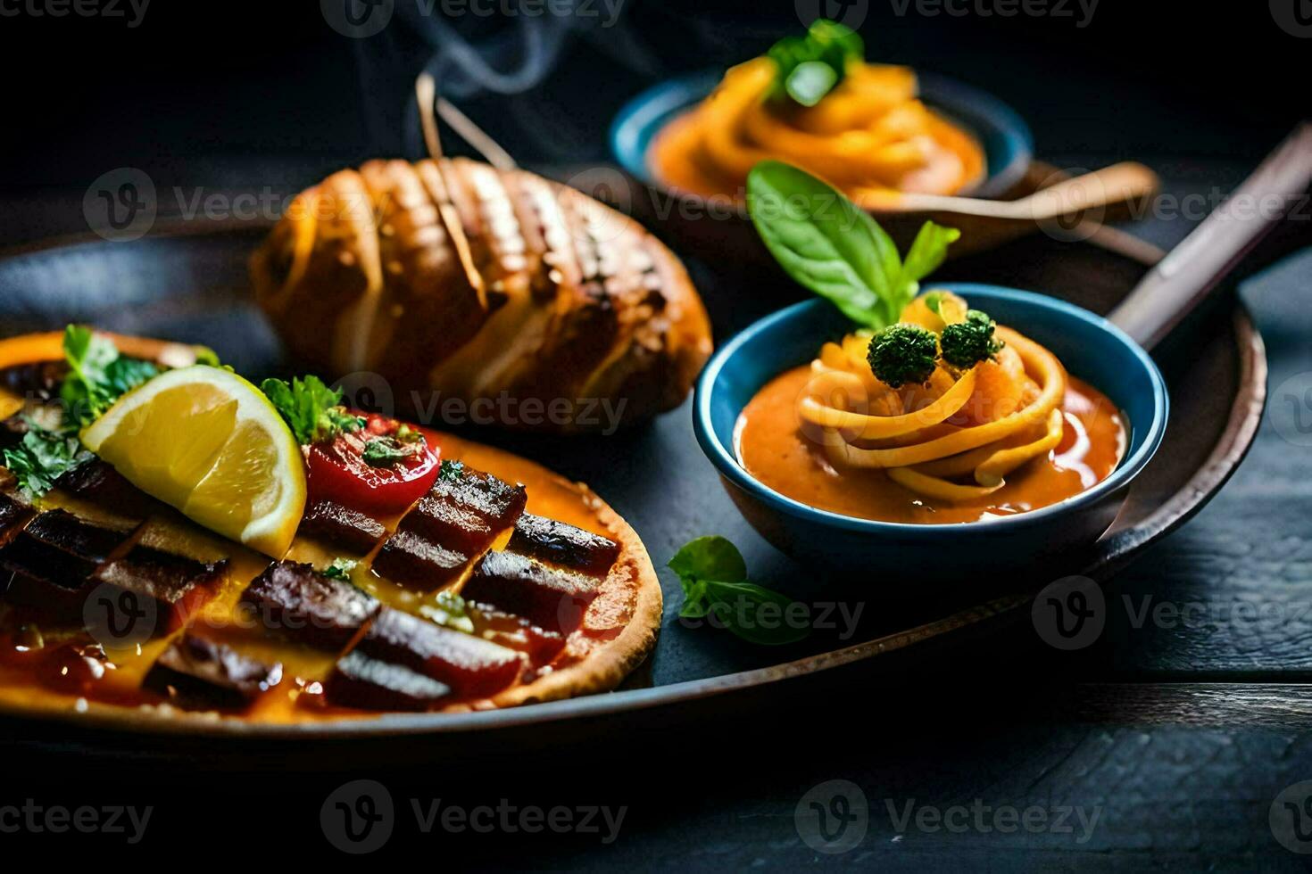 food on a plate with a slice of pizza. AI-Generated photo