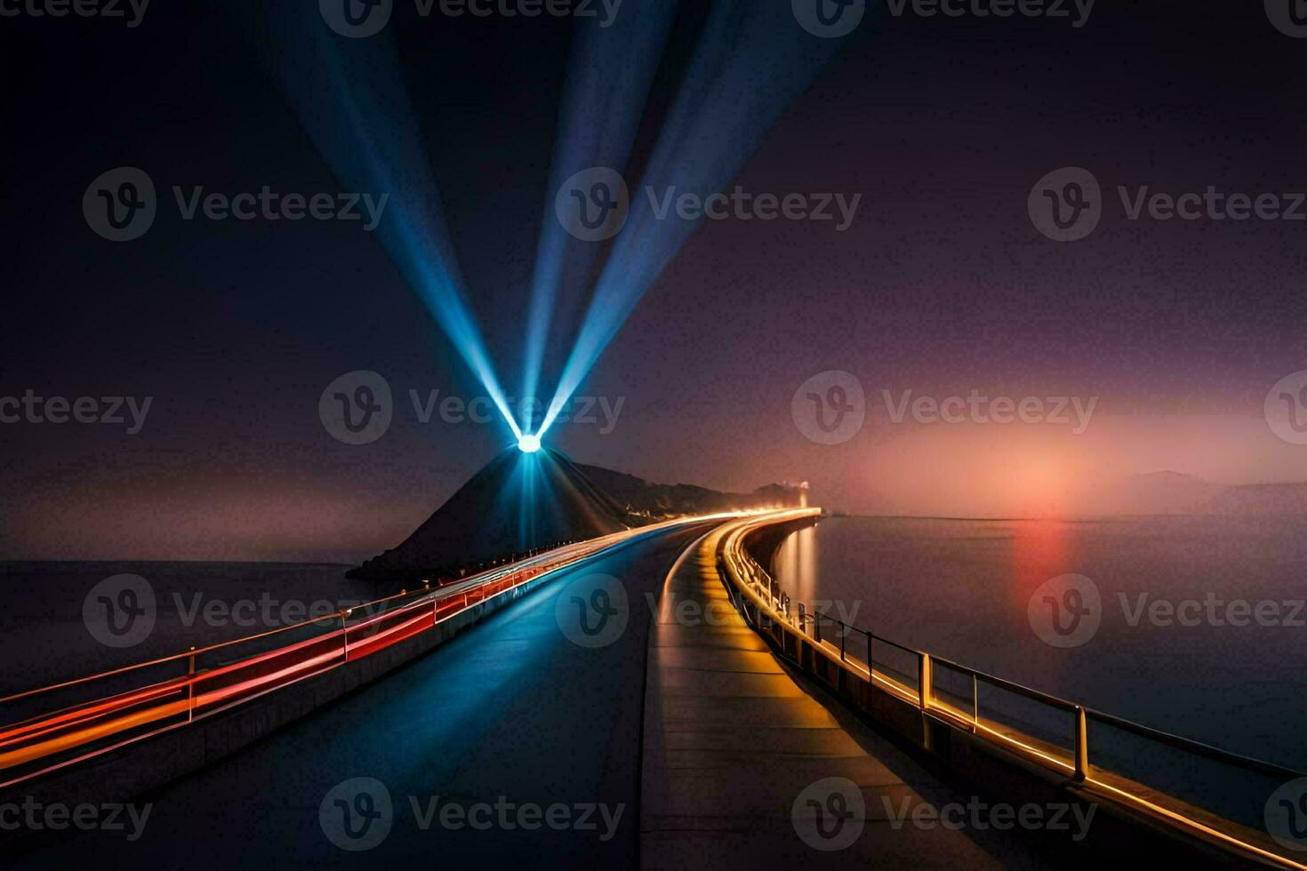 a long exposure photo of a bridge with lights. AI-Generated