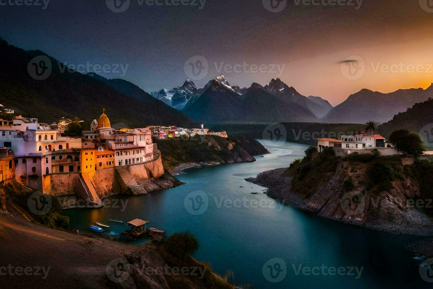 the sun sets over a river and a village. AI-Generated photo