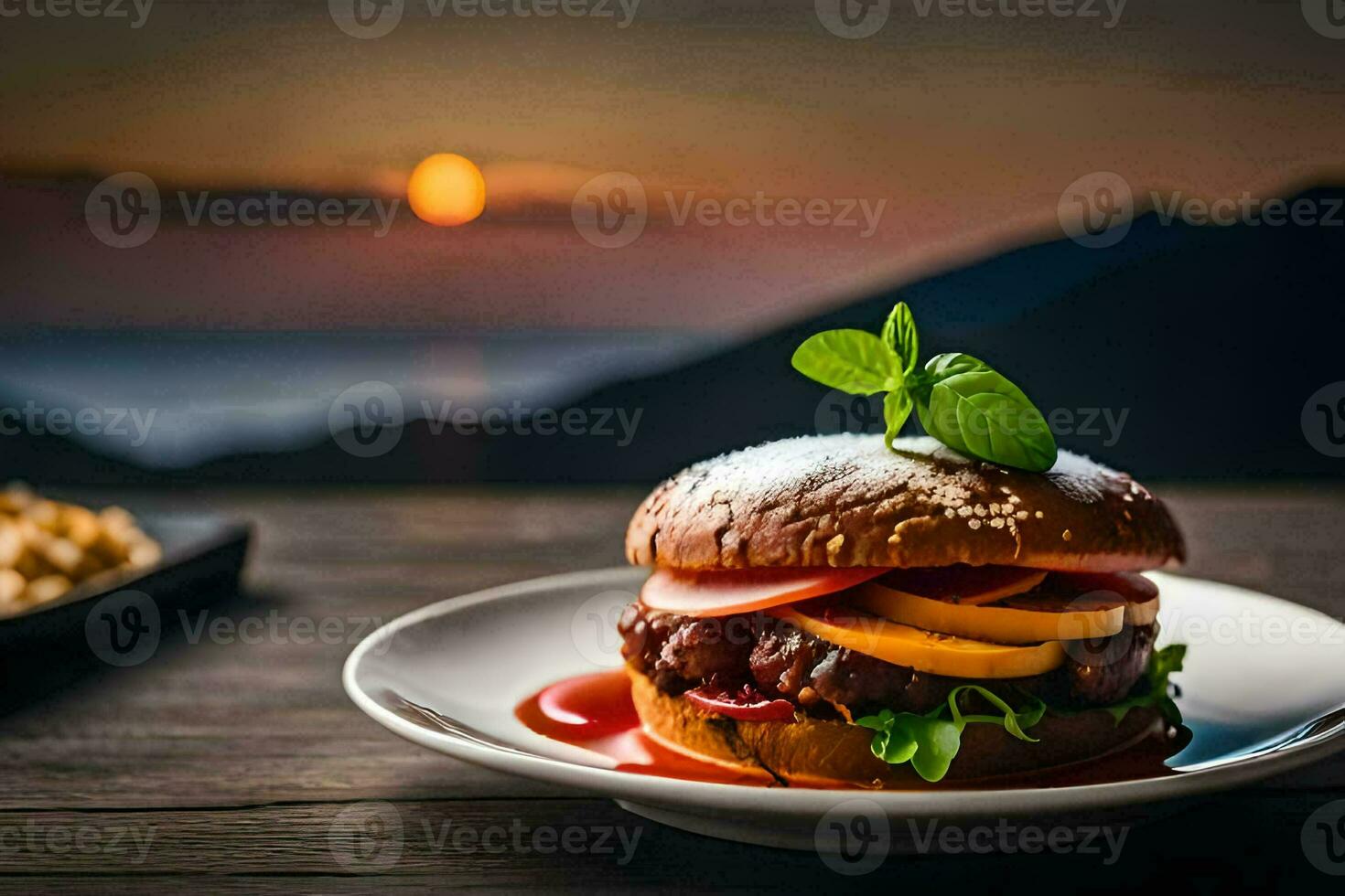 a hamburger with tomato, lettuce and cheese on a white plate. AI-Generated photo