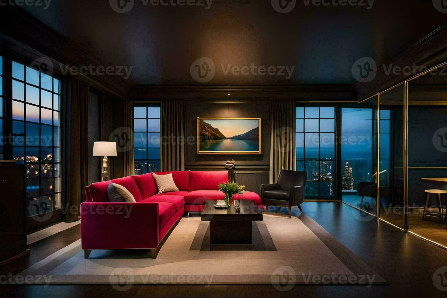 the living room has a view of the city at night. AI-Generated photo