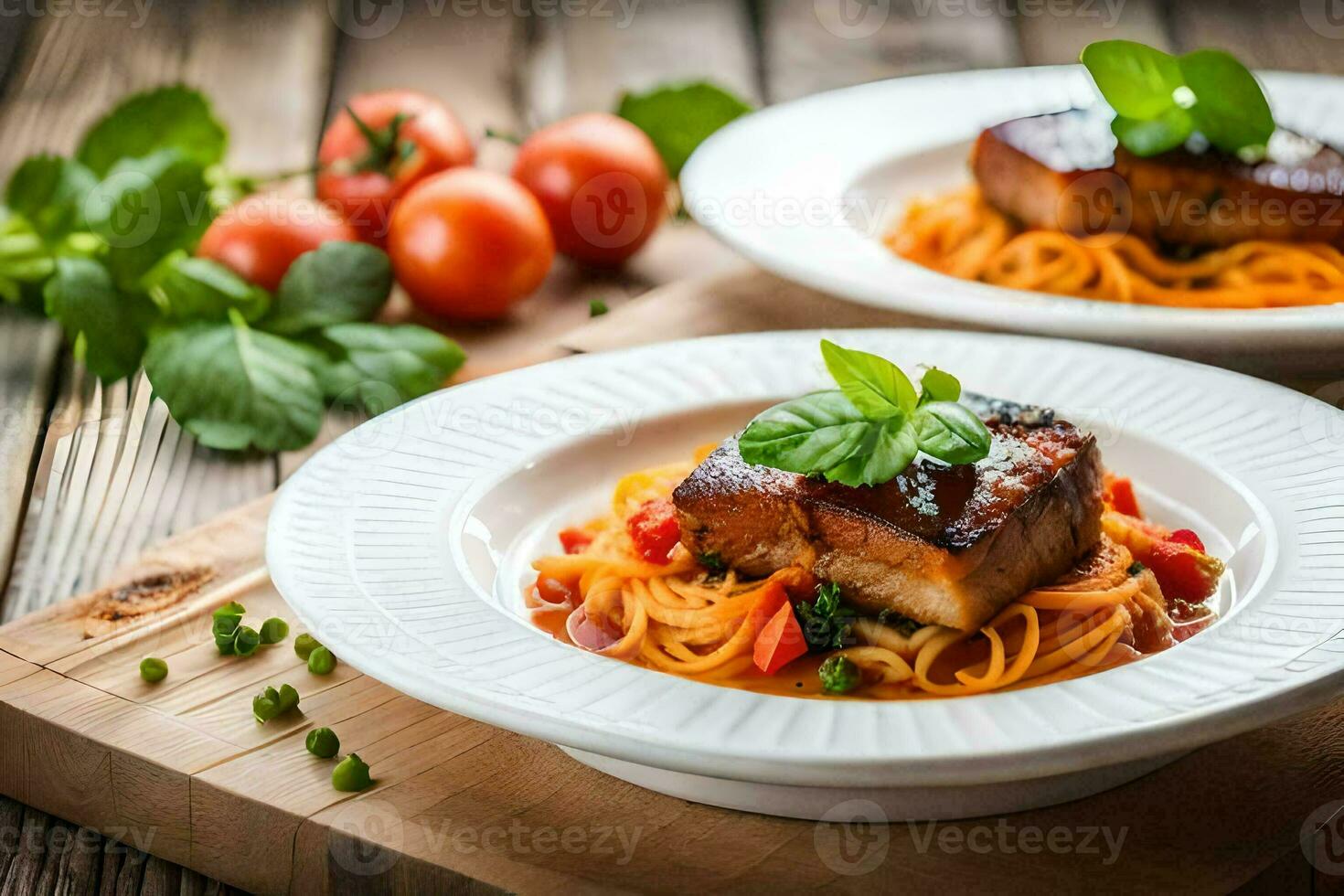two plates with spaghetti and meat on a wooden cutting board. AI-Generated photo