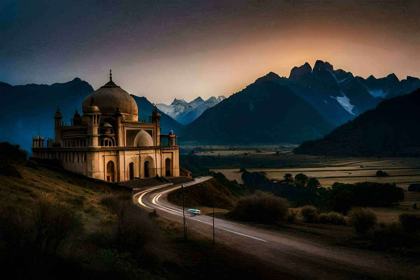 a mosque in the mountains with a road in front of it. AI-Generated photo