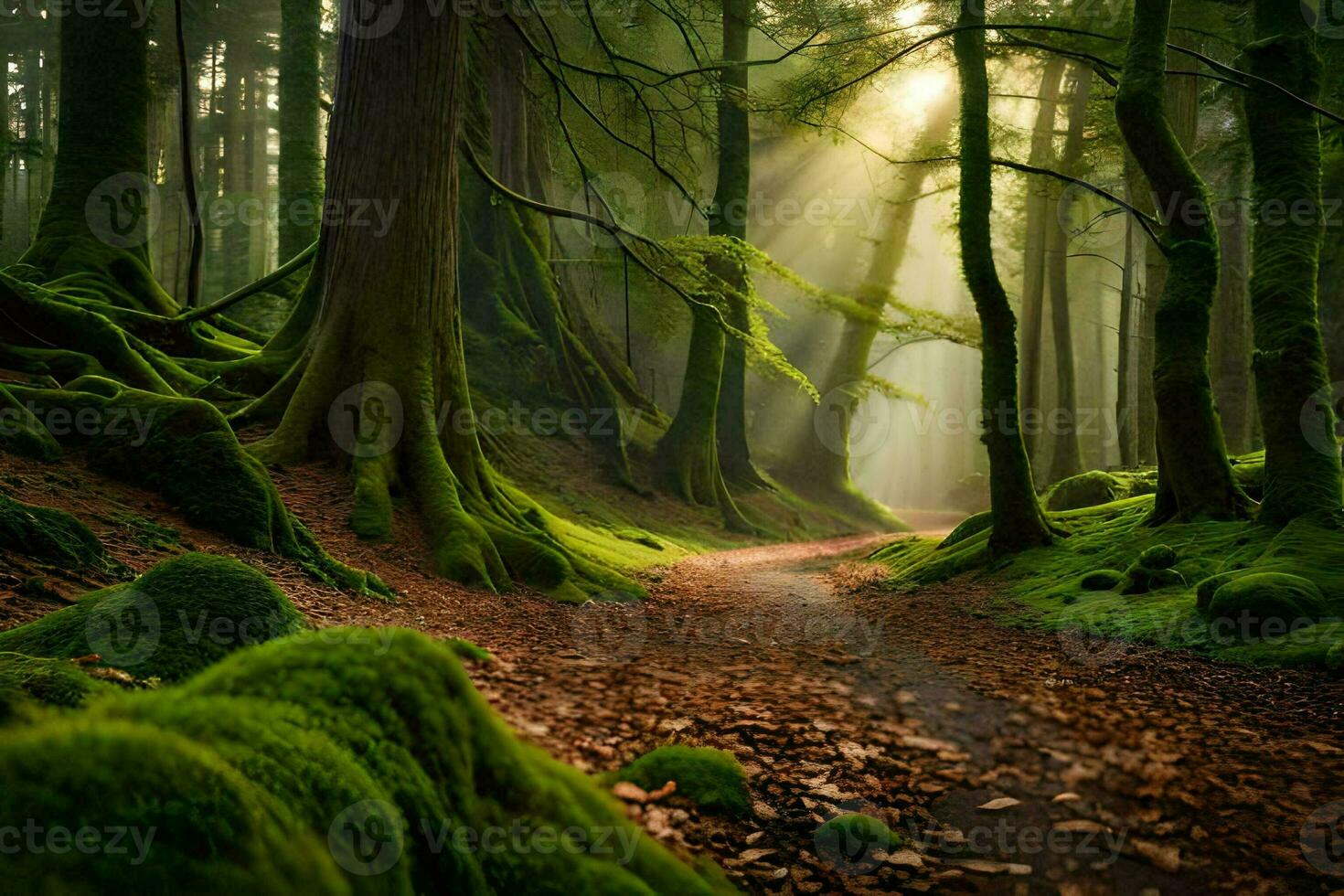 a path through a green forest with mossy trees. AI-Generated photo