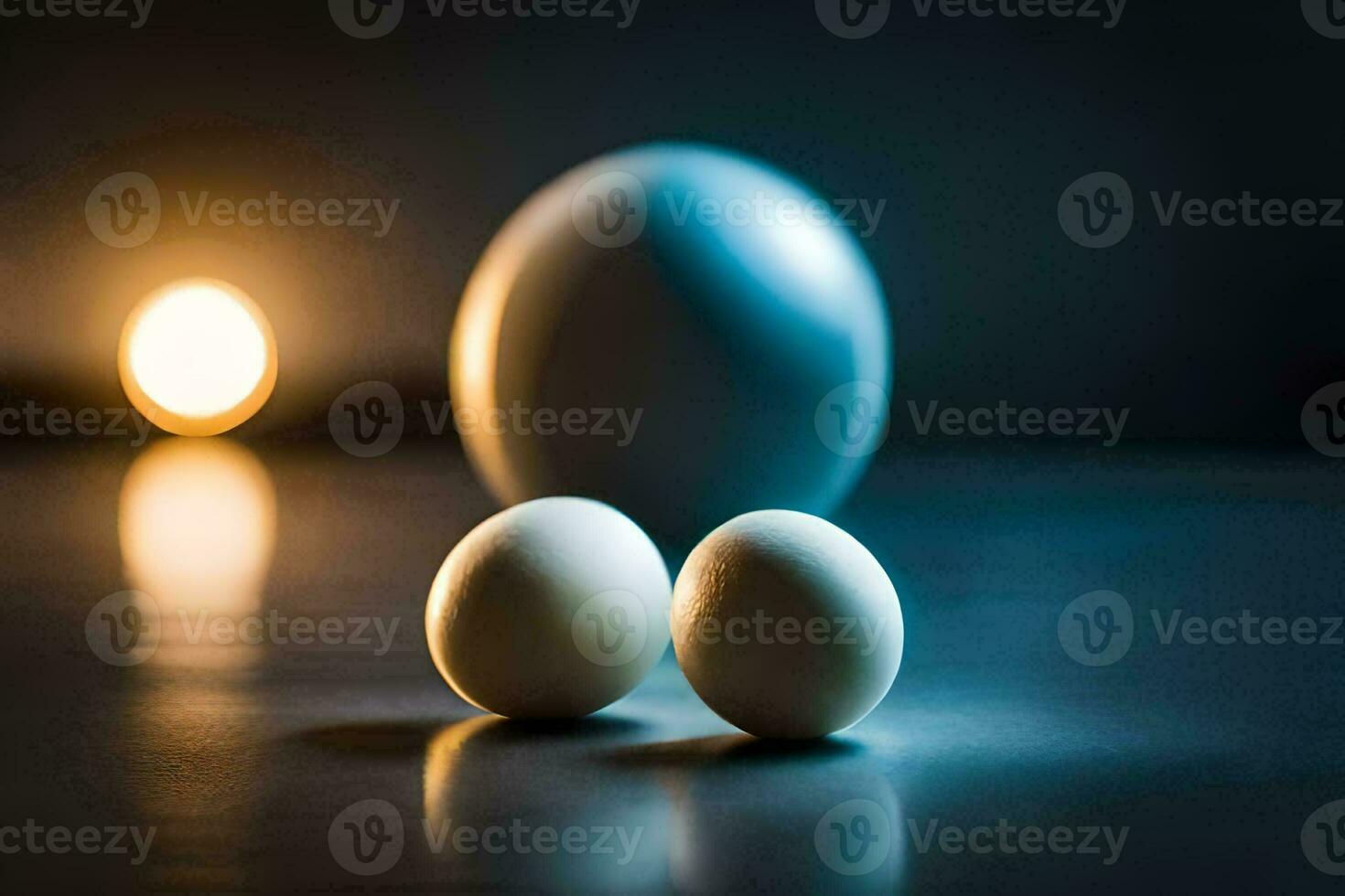 two eggs are sitting on a table with a light behind them. AI-Generated photo