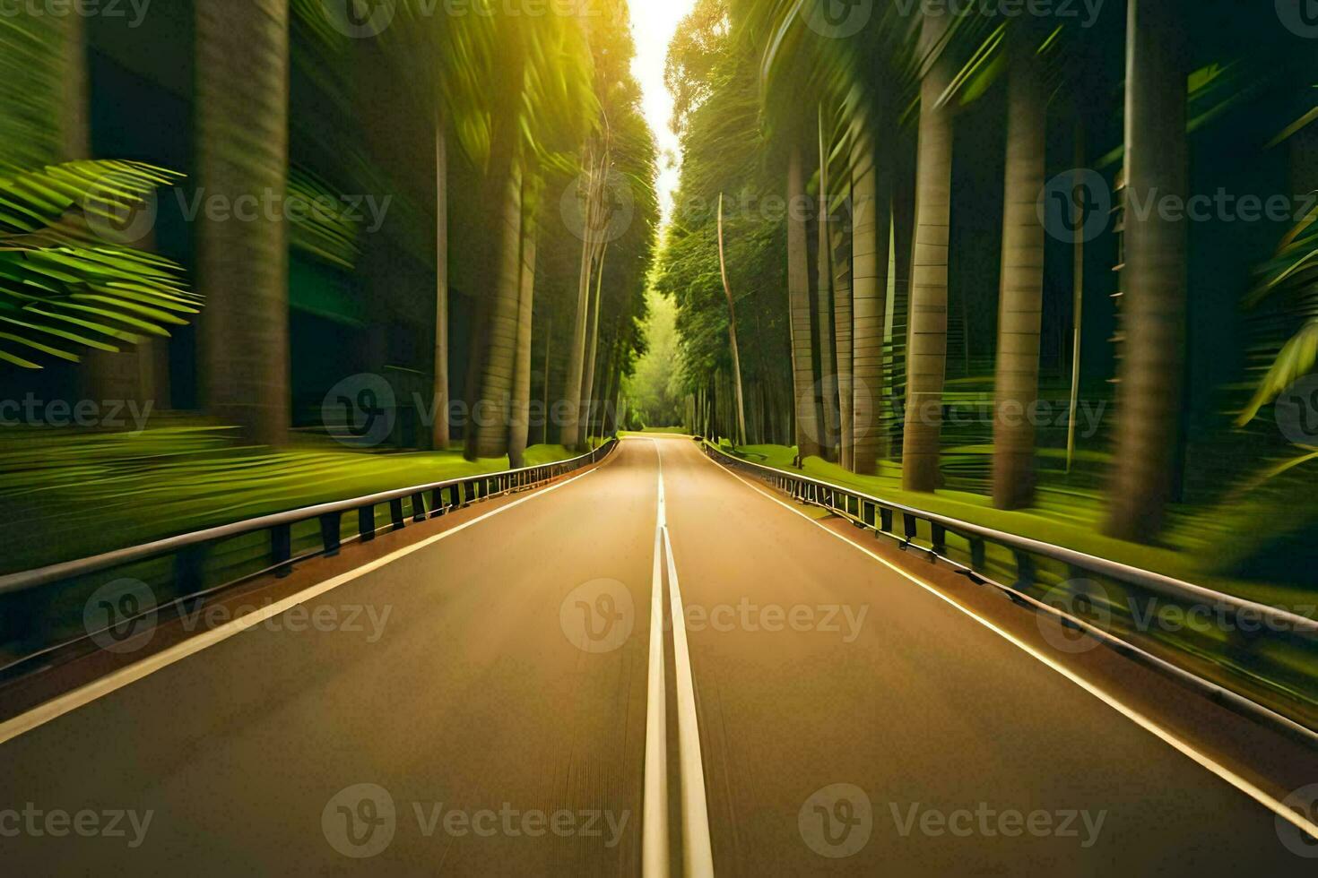 a road in the middle of a forest with trees. AI-Generated photo