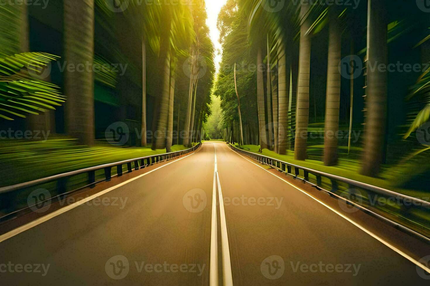 un la carretera en el medio de un bosque con arboles generado por ai foto