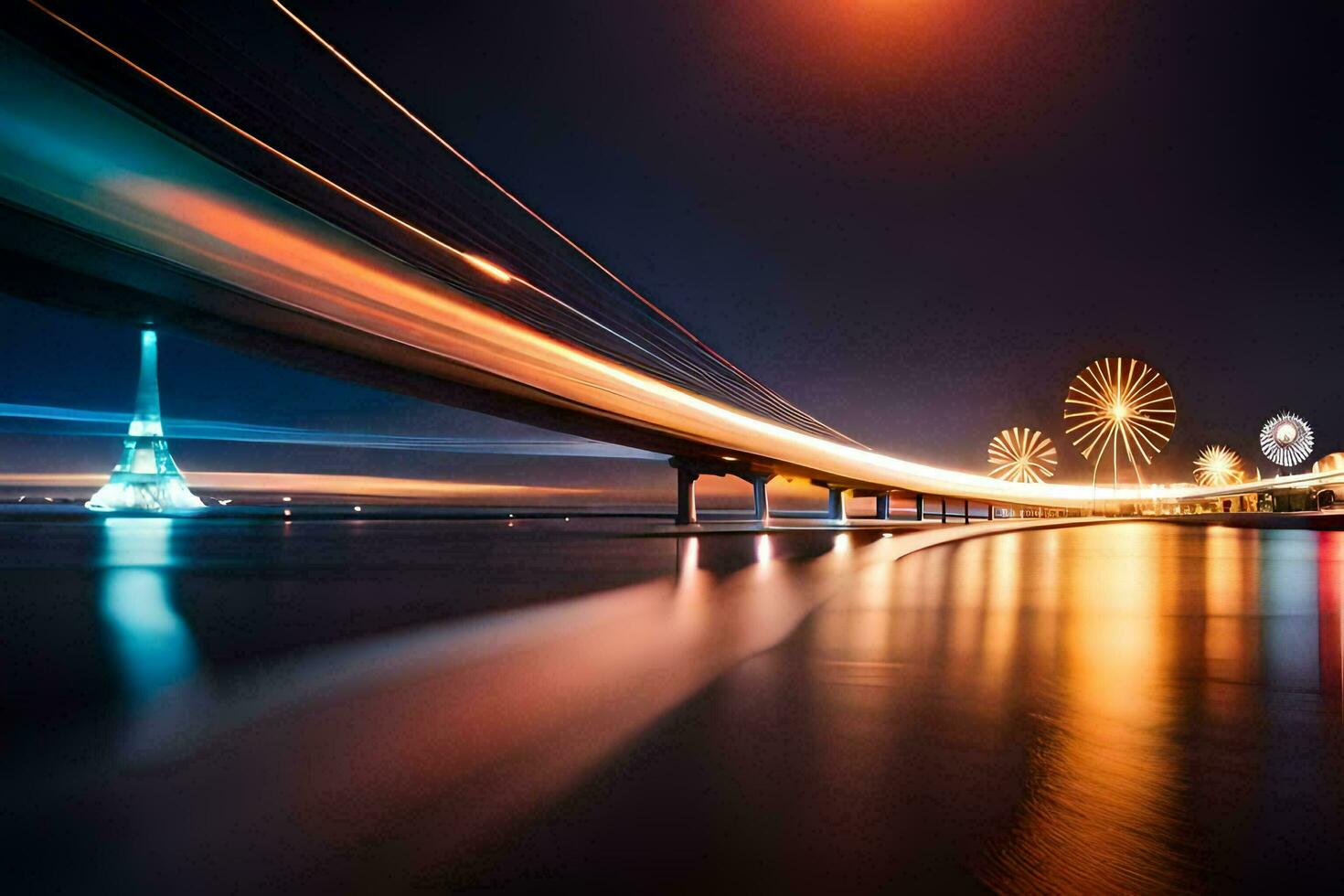 a long exposure photograph of a bridge and lights. AI-Generated photo