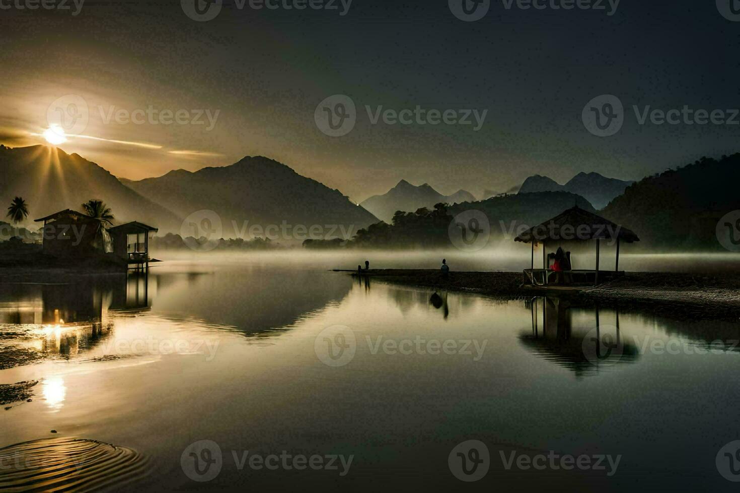 the sun rises over a lake and mountain range. AI-Generated photo