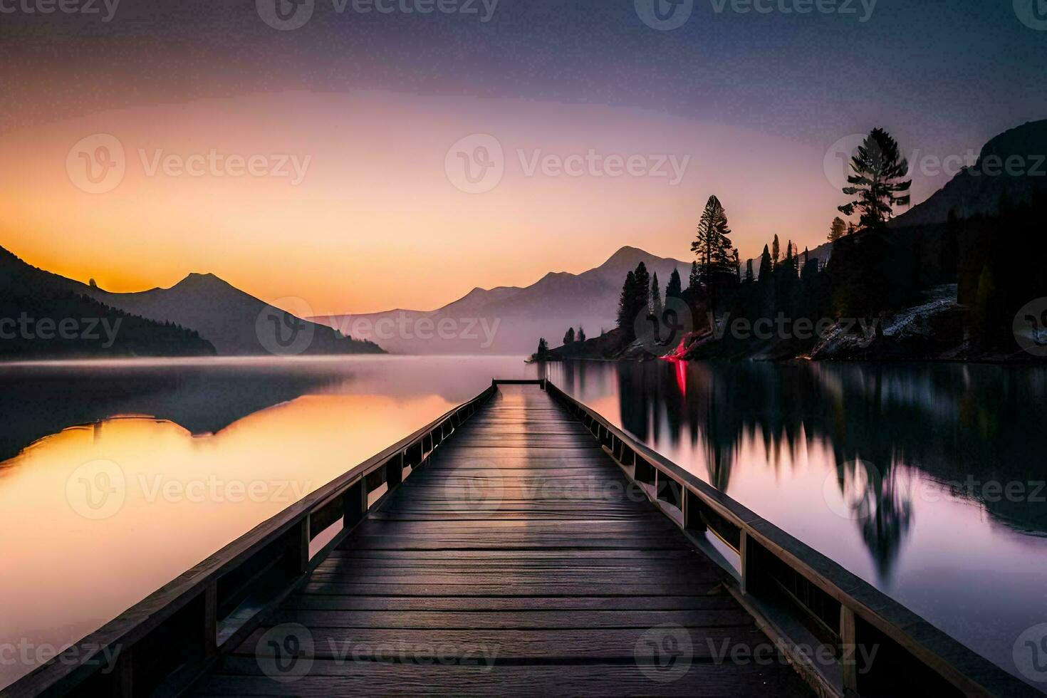 a wooden dock leads to a lake at sunset. AI-Generated photo