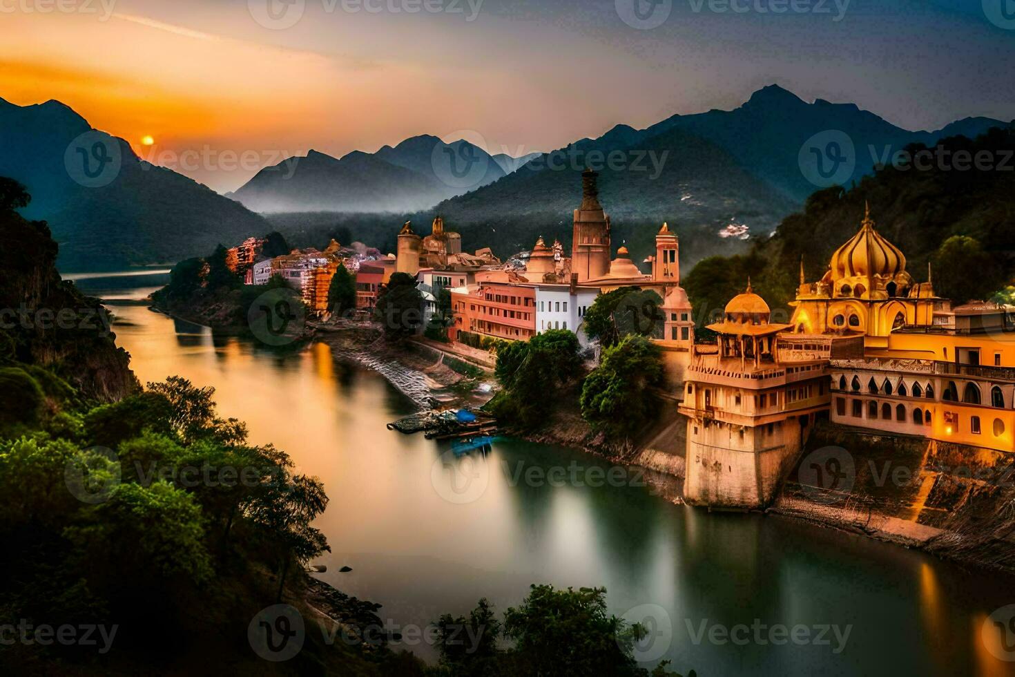 the sunset over the river in india. AI-Generated photo