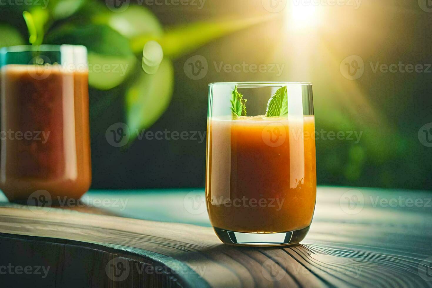 two glasses of orange juice on a table. AI-Generated photo