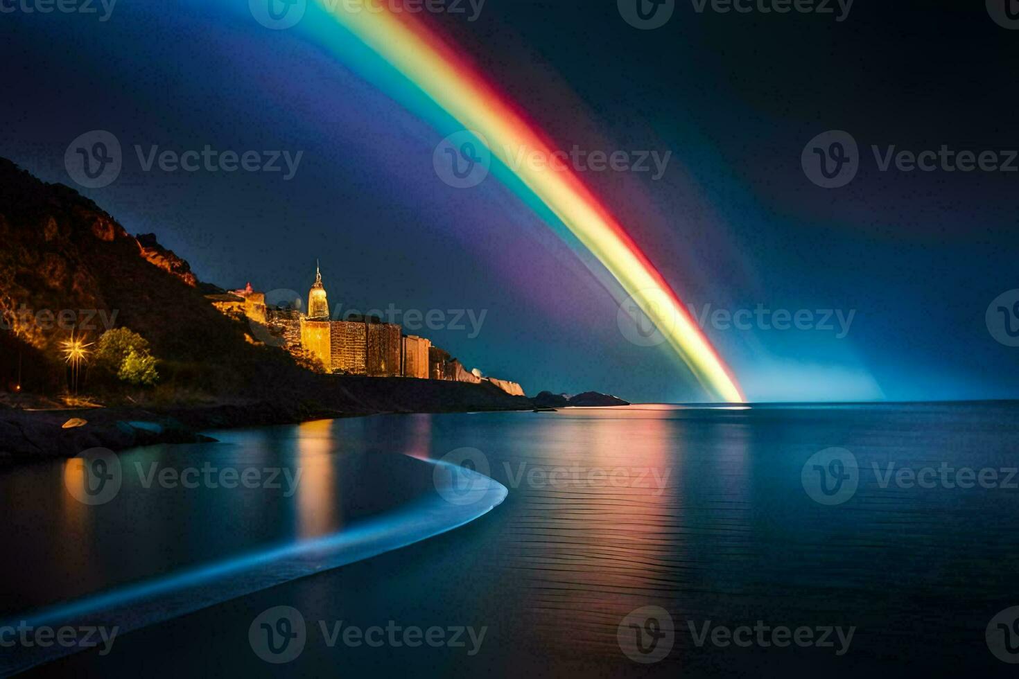 a rainbow is seen over the ocean and a church. AI-Generated photo