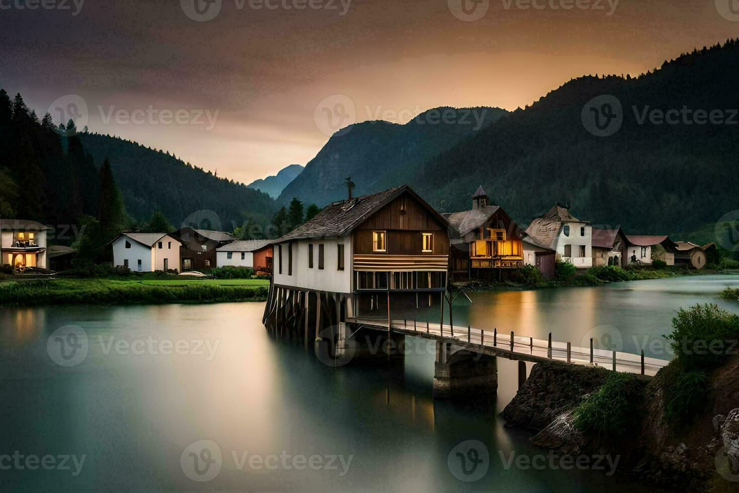 foto fondo de pantalla el cielo, montañas, agua, casas, puente, casa, río, casa,. generado por ai