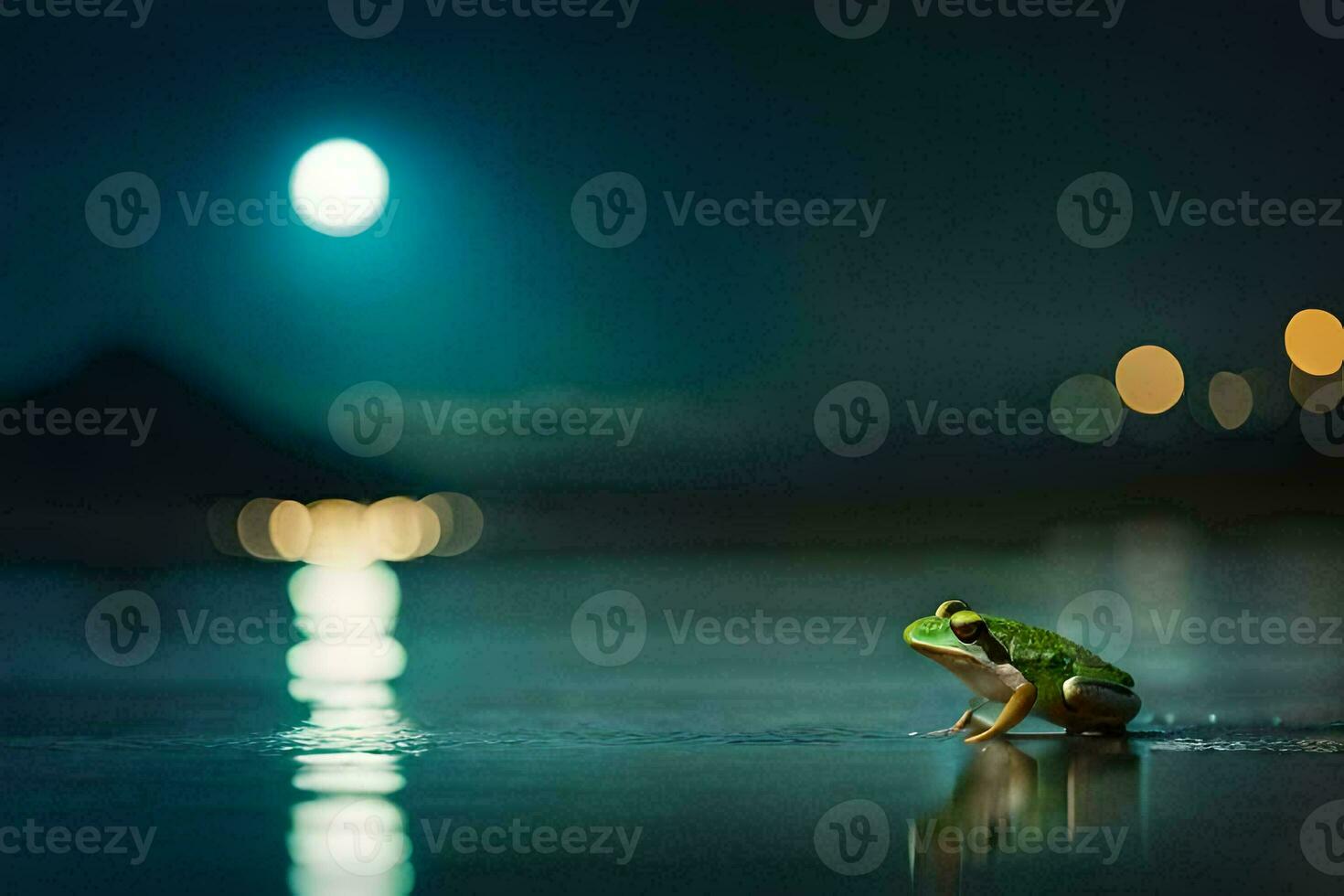 a frog sitting on the shore at night with a full moon in the background. AI-Generated photo