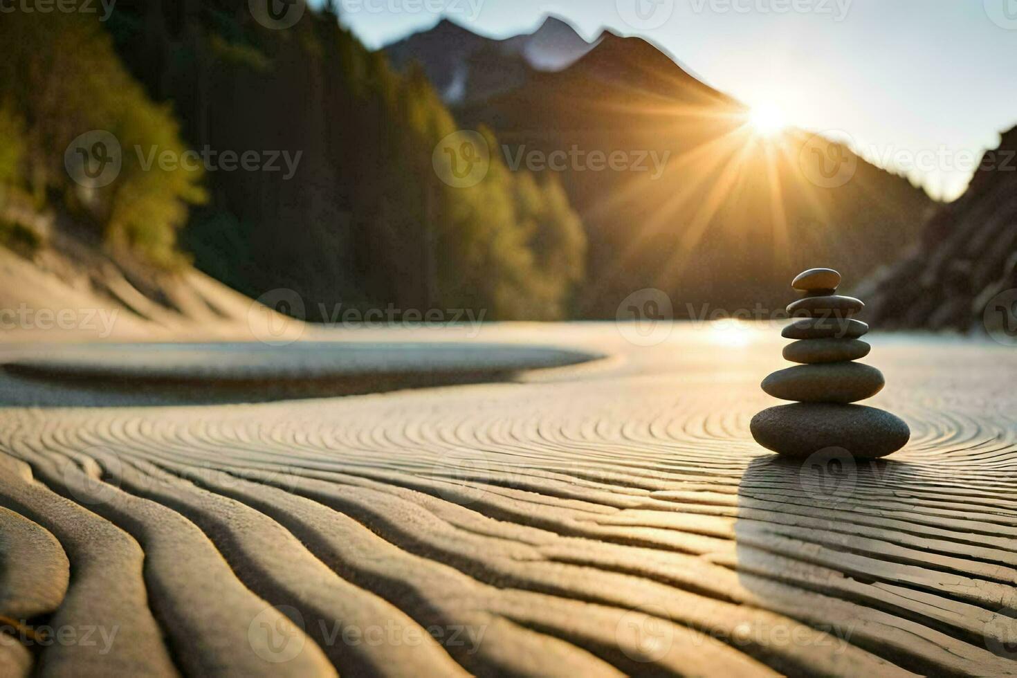a stack of rocks on the beach at sunset. AI-Generated photo