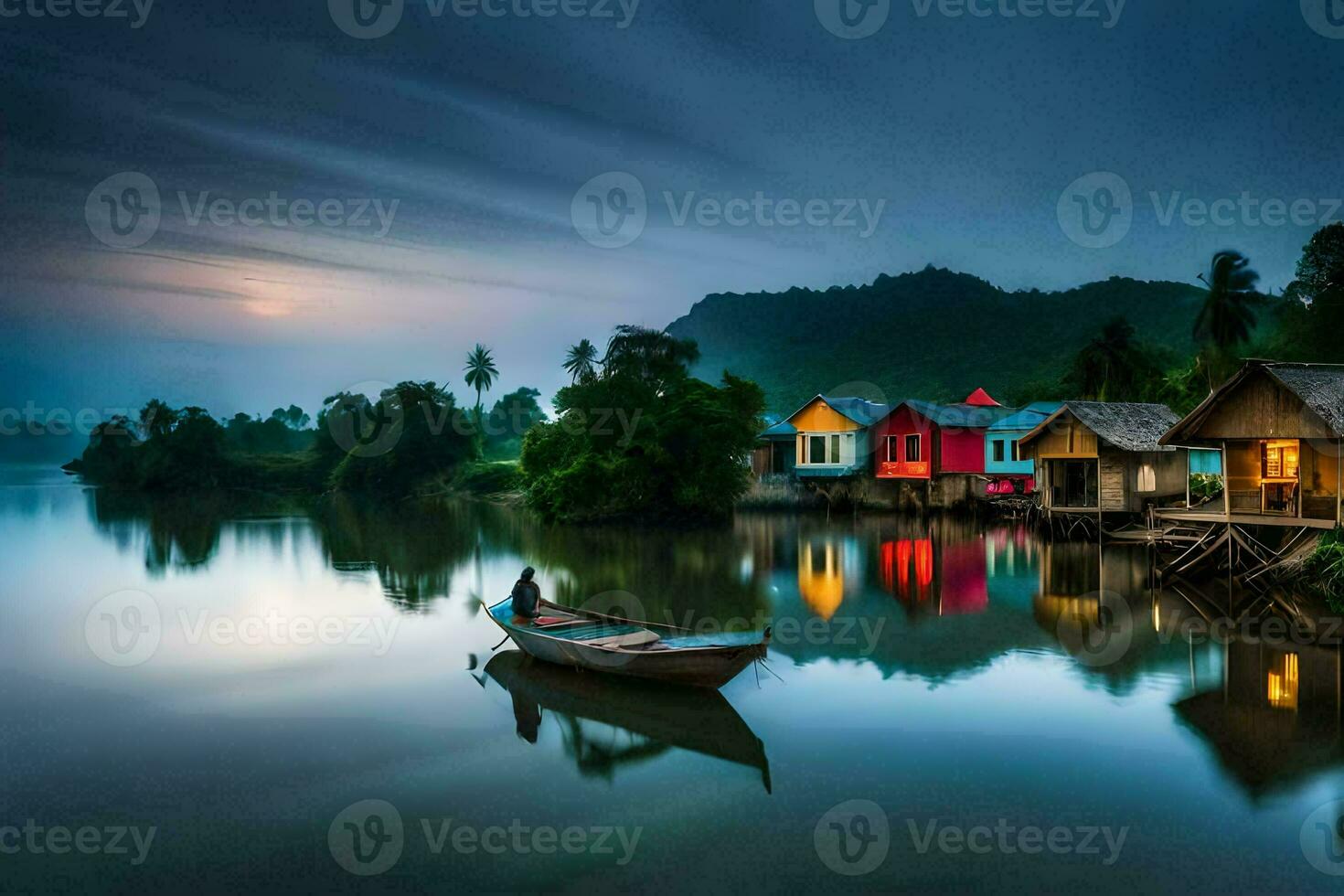 photo wallpaper the sky, water, boats, houses, the moon, the river, the moon. AI-Generated