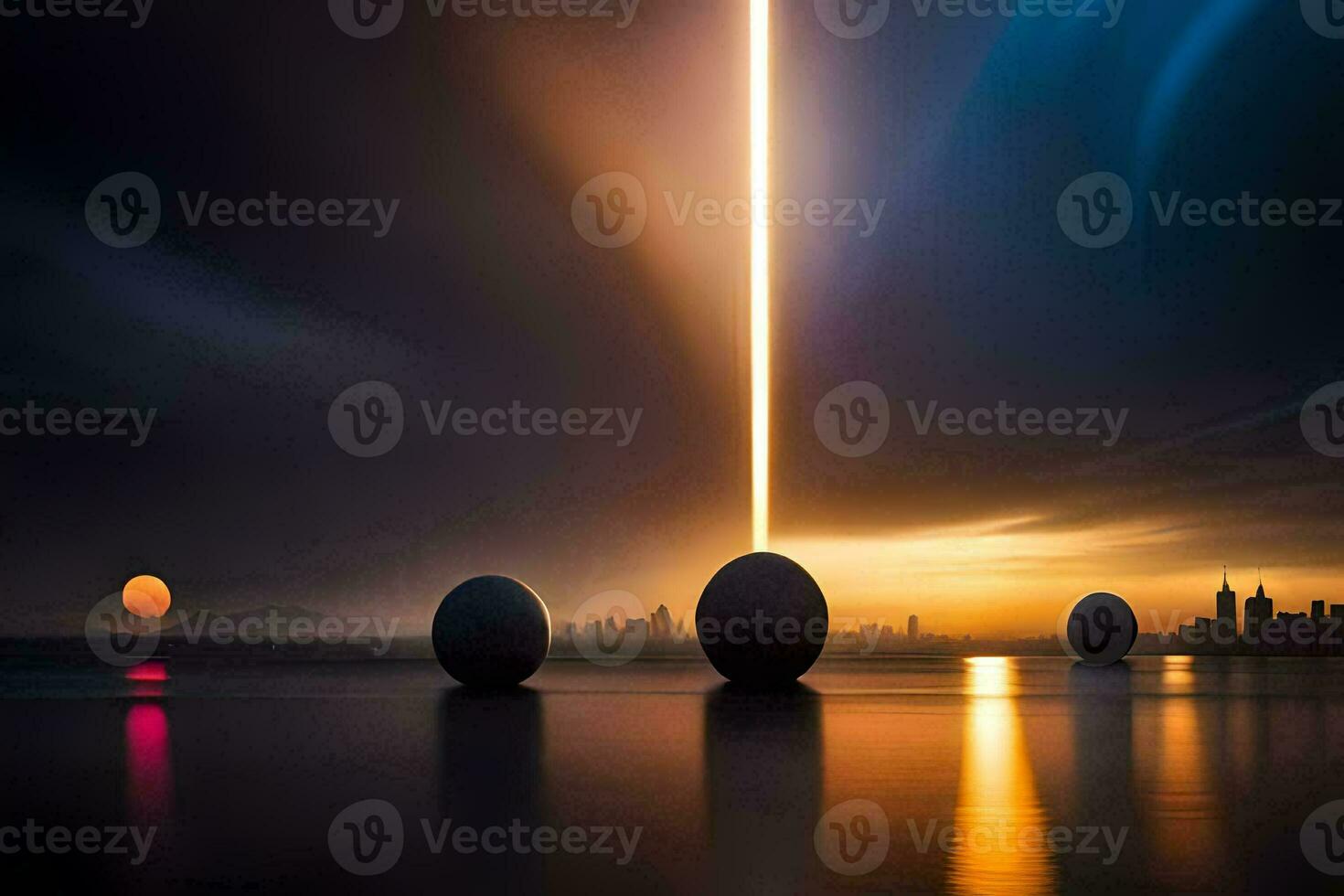 three spheres in the water with a light shining in the sky. AI-Generated photo