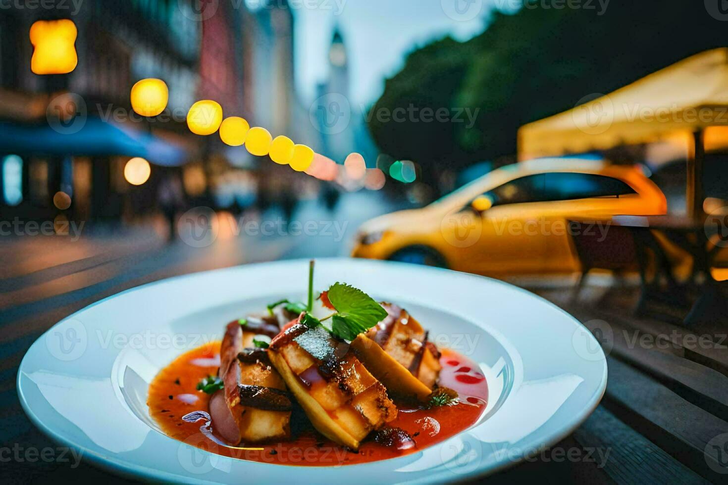 a plate of food on a table in front of a city. AI-Generated photo