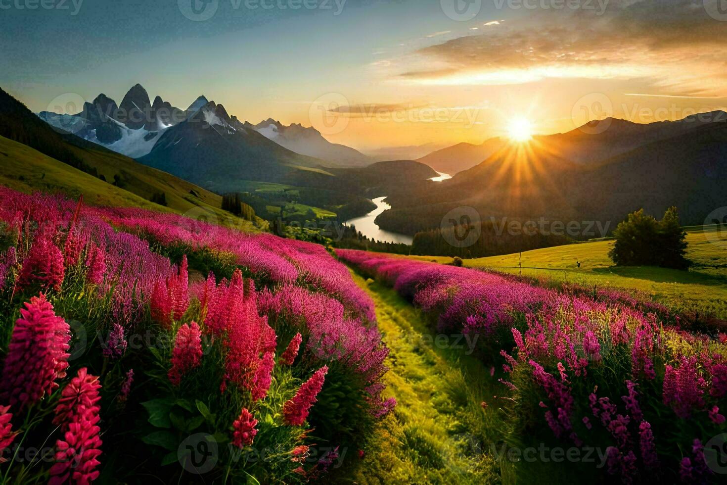 the sun rises over the mountains and flowers in the foreground. AI-Generated photo