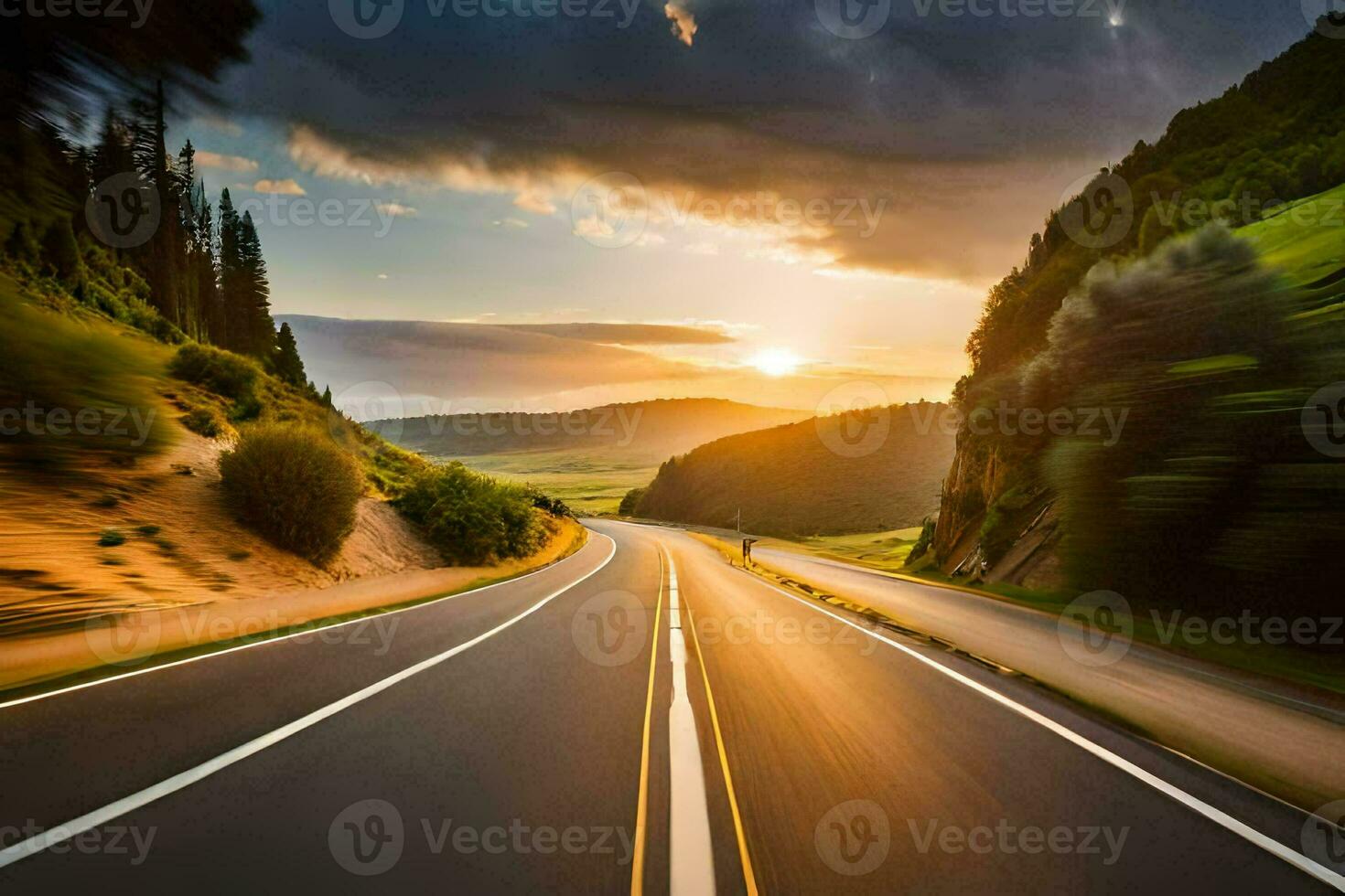 a long road with the sun setting behind it. AI-Generated photo