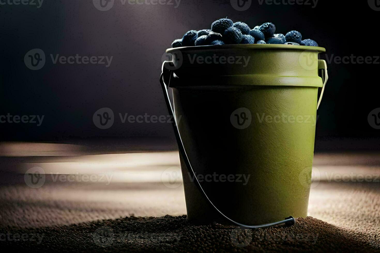 a bucket of blueberries sitting on a table. AI-Generated photo