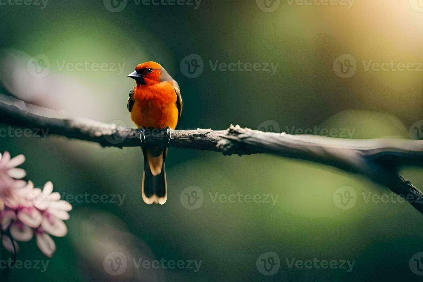 a small orange bird sits on a branch. AI-Generated photo