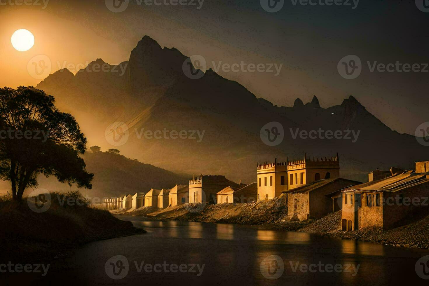 the sun sets over a river and some houses. AI-Generated photo