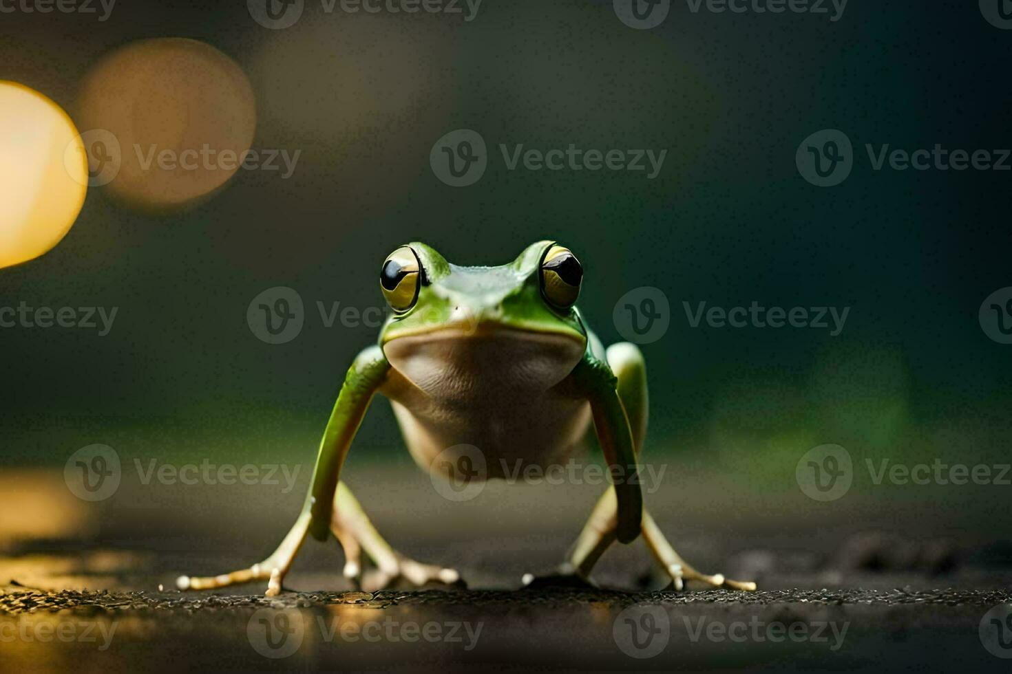 a frog is standing on the ground with its legs spread. AI-Generated photo