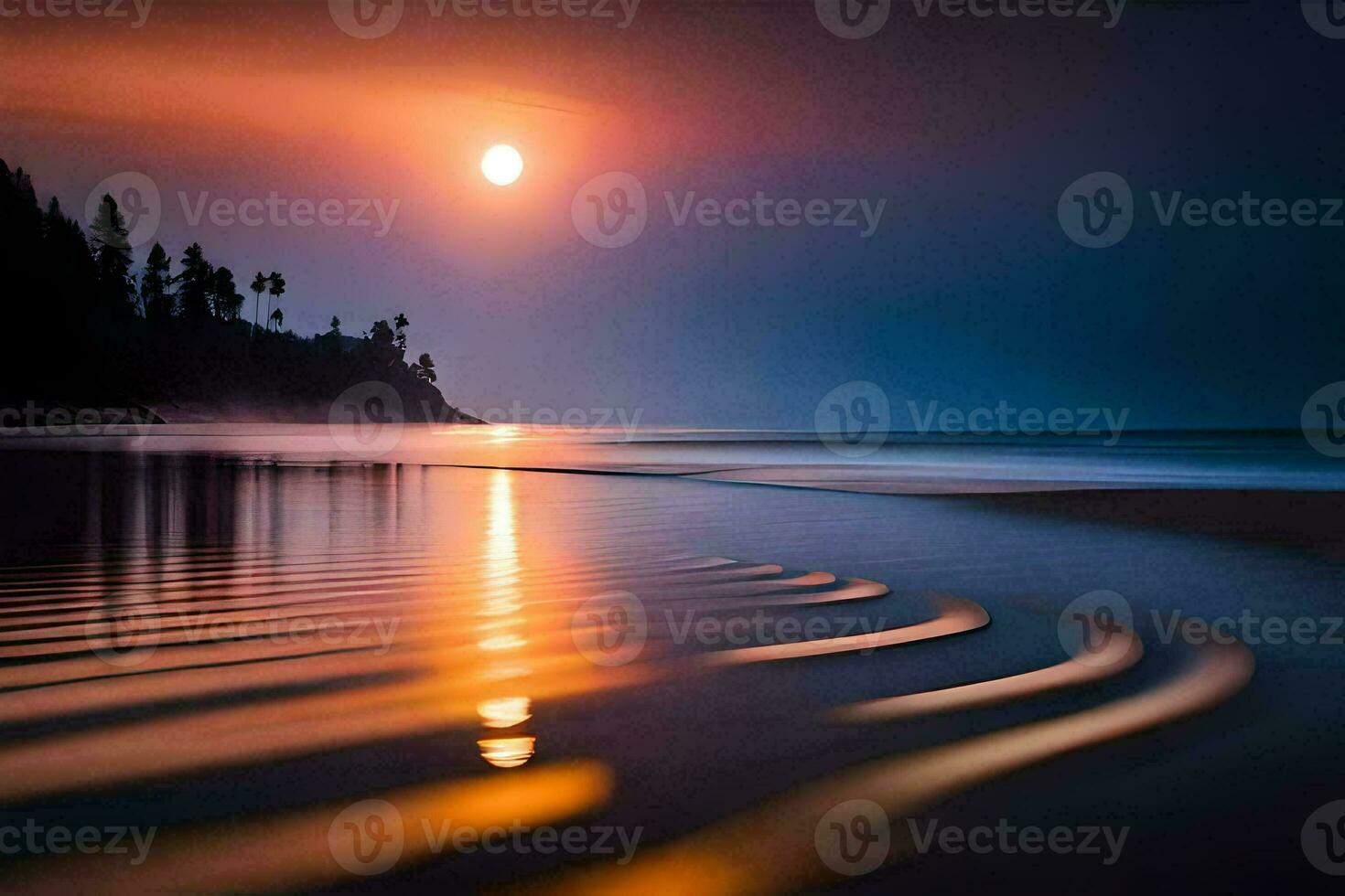 el Luna es ajuste terminado el Oceano a puesta de sol. generado por ai foto