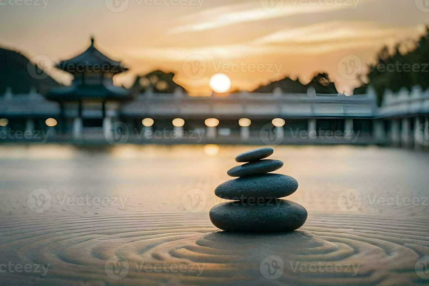 stacked stones in the water at sunset. AI-Generated photo
