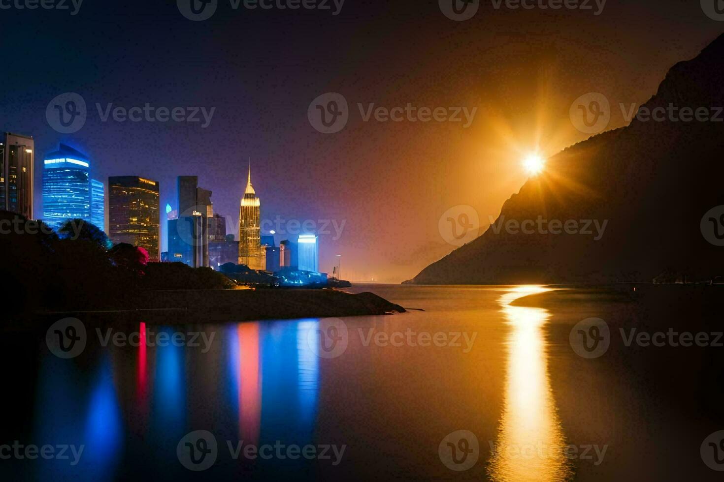 the moon rises over the city skyline at night. AI-Generated photo