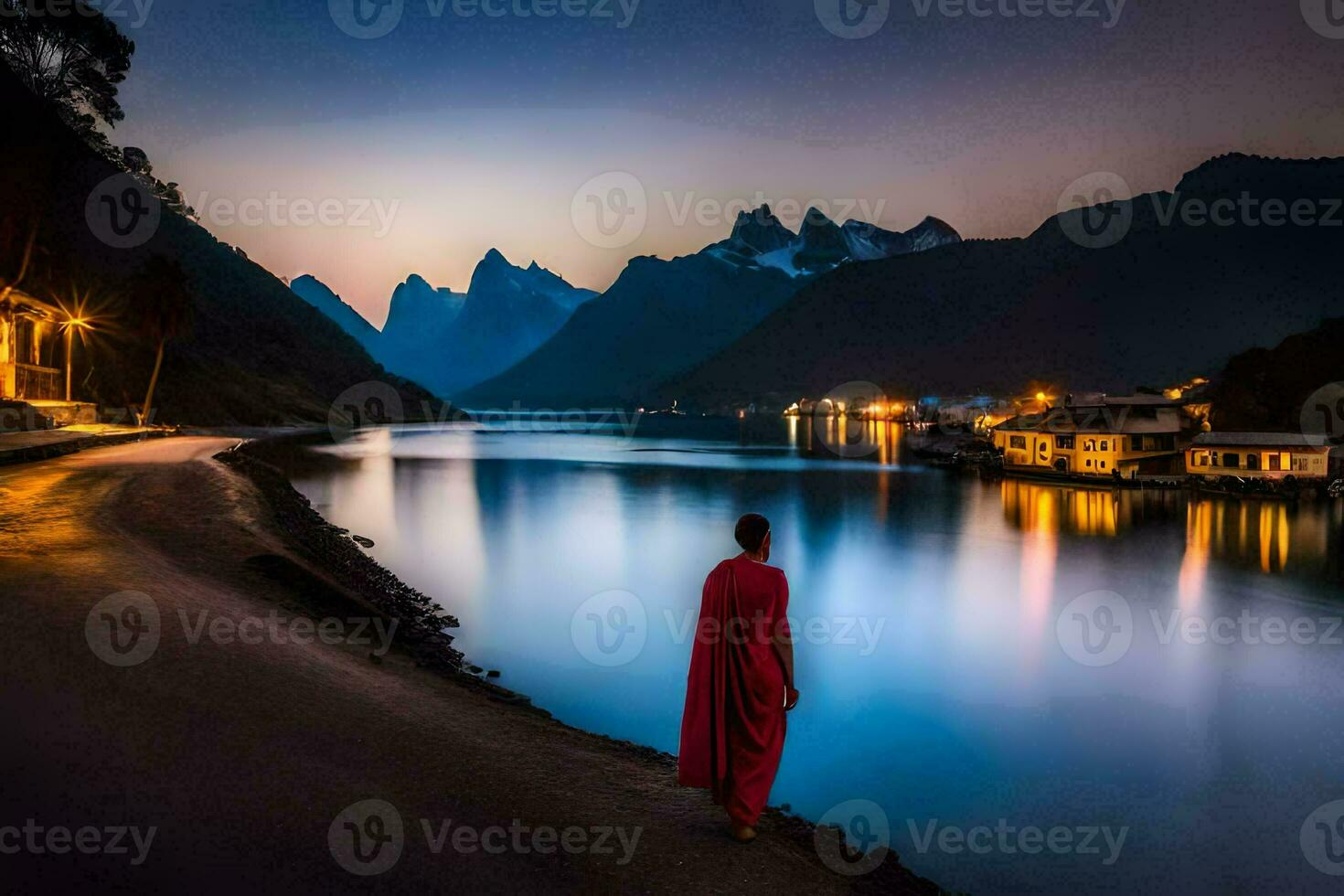 un monje en rojo batas soportes en el apuntalar de un lago a noche. generado por ai foto