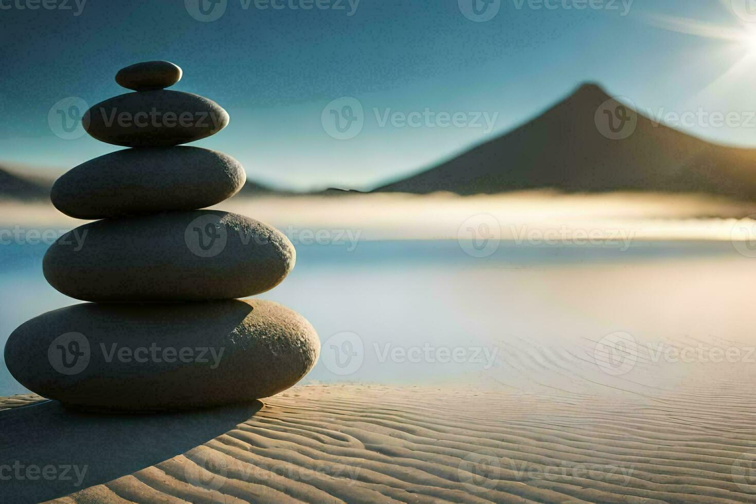 un apilar de piedras en el playa con el Dom en el antecedentes. generado por ai foto