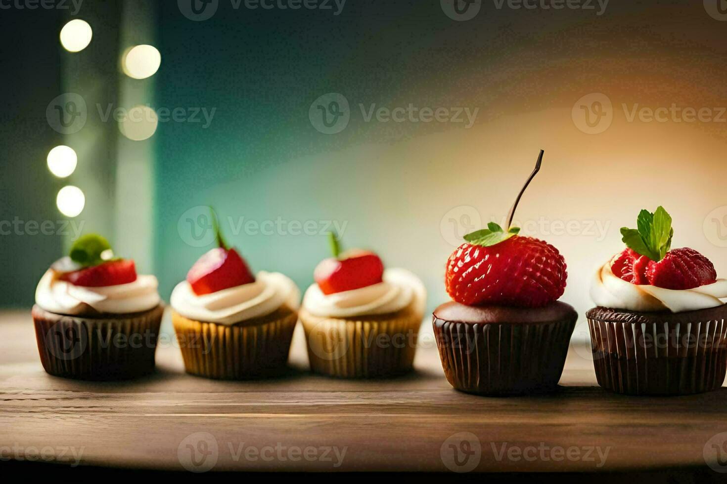 five cupcakes with strawberries on a wooden table. AI-Generated photo