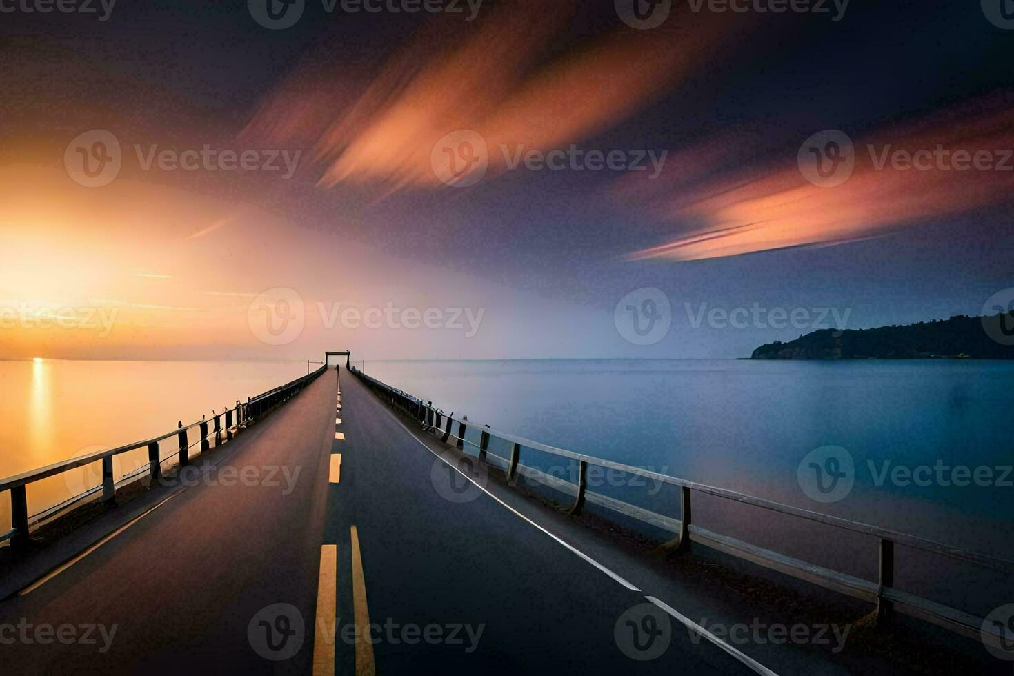 a long exposure photograph of a road leading to the ocean. AI-Generated photo